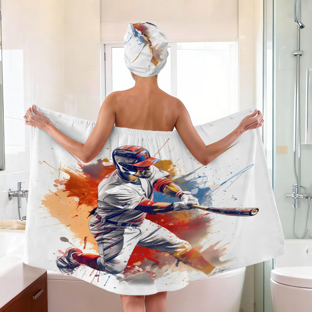 Mikrofaser-Duschtuch für Damen, mit Haar-Handtuch, Baseballspieler-Softball-Hitter, schwingende Arme, weiche Körperwickel, Kleid mit Haartrocknungskappe für Strand, Pool, Spa, 2 Sets