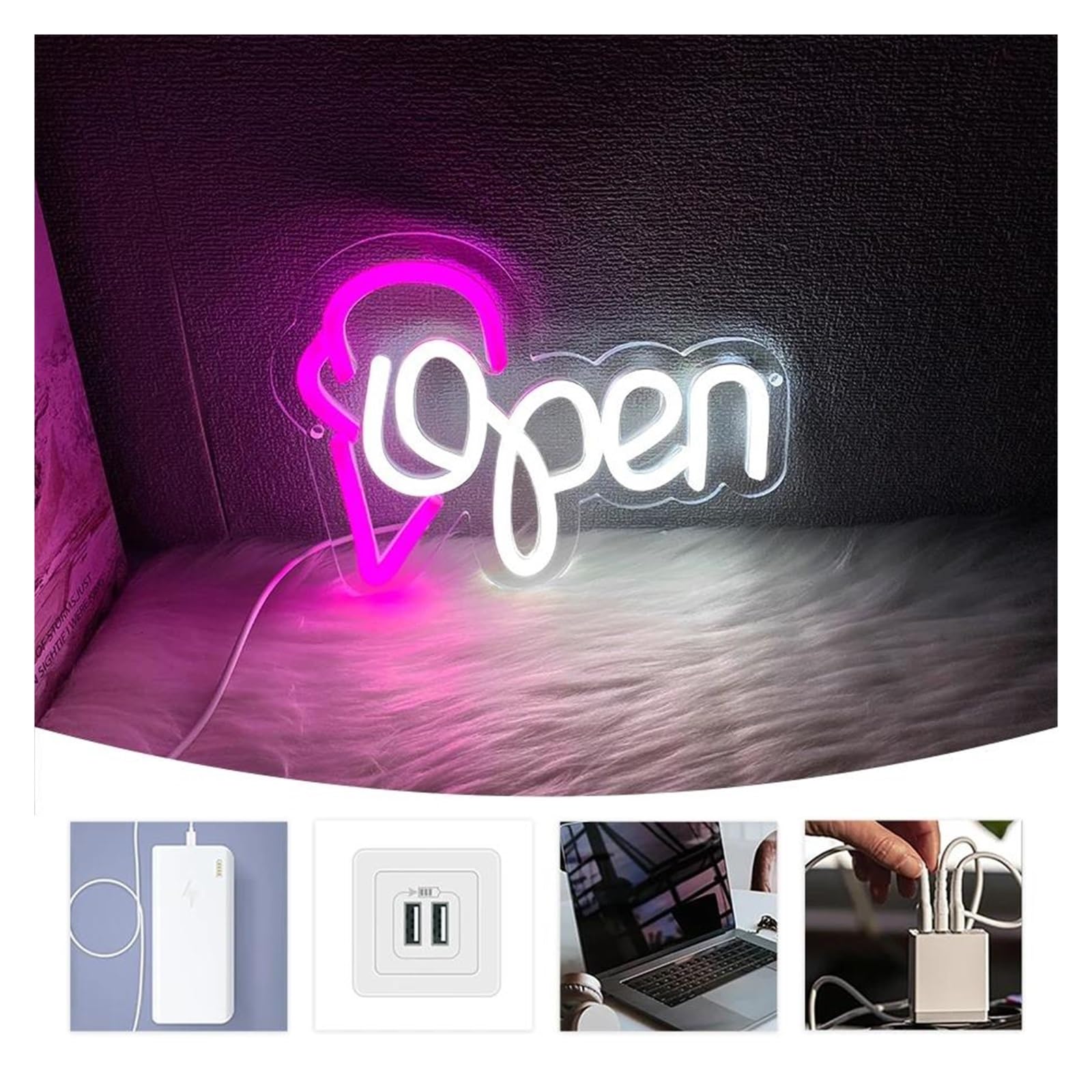 Luces de neón Letrero De Neón Con Forma De Helado Abierto, Alimentado Por USB, Para Decoración De Tiendas, Negocios Y Fiestas Navideñas,22cmх17cm