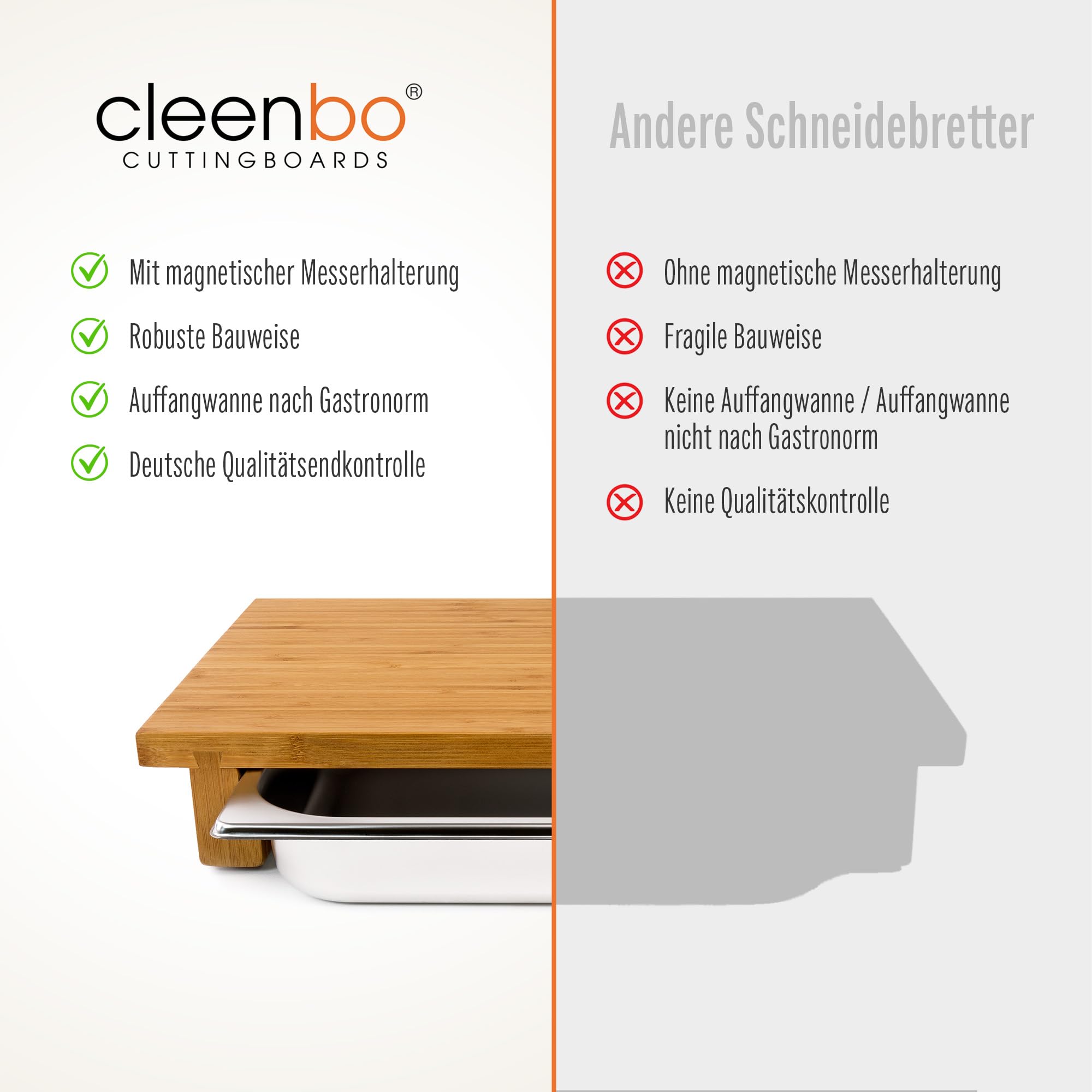 Schneidbrett mit Auffangschale "Classic bamboo GN" Profi Holz Küchenbrett aus geöltem Bambus, Schneidebrett mit Gastro Auffangbehälter (Edelstahl Schublade) Bambusbrett Maße: 43 x 29 x 7,5 cm