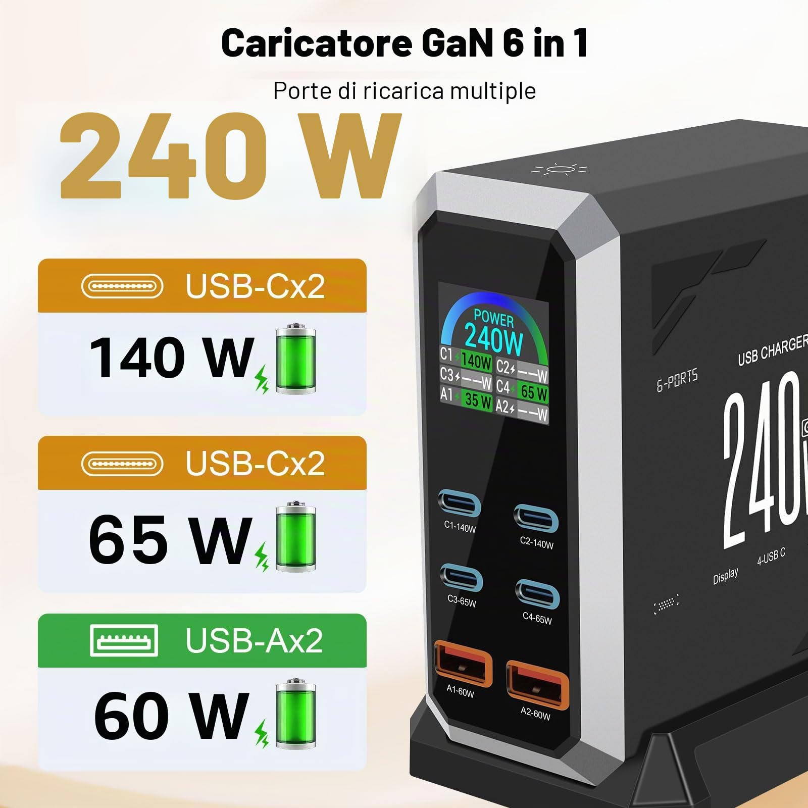 240W Caricatore USB Multiplo - 6 Porte (4 USB-C + 2 USB-A) con Ricarica Rapida, Stazione di Ricarica Compatta per Multi Dispositivi, Compatibile con MacBook, iPad, iPhone, Galaxy S22/S20, DELL, HP