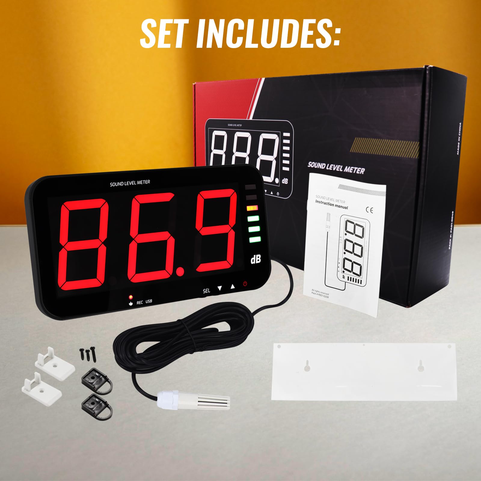 Decibel, misuratore di livello sonoro con registrazione dati, misuratore di rumore da parete con ampio display LCD da 13", sensore con cavo da 2 m, uscita allarme per misurazione e registrazione del