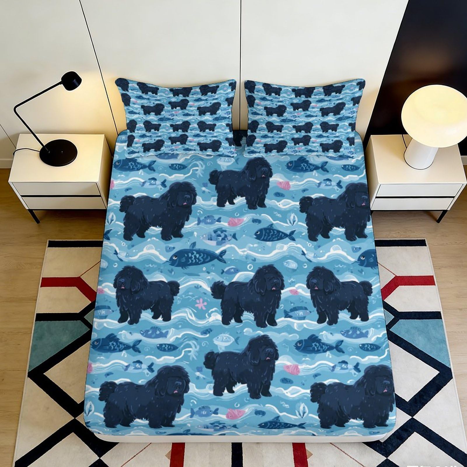 3D Printed Black Newfoundland Dog Fitted Sheet Microfiber Soft Breathable Blue Fish Pattern Mattress Cover for Bedroom Dormitory Guest Room Protection 90x200x25cm