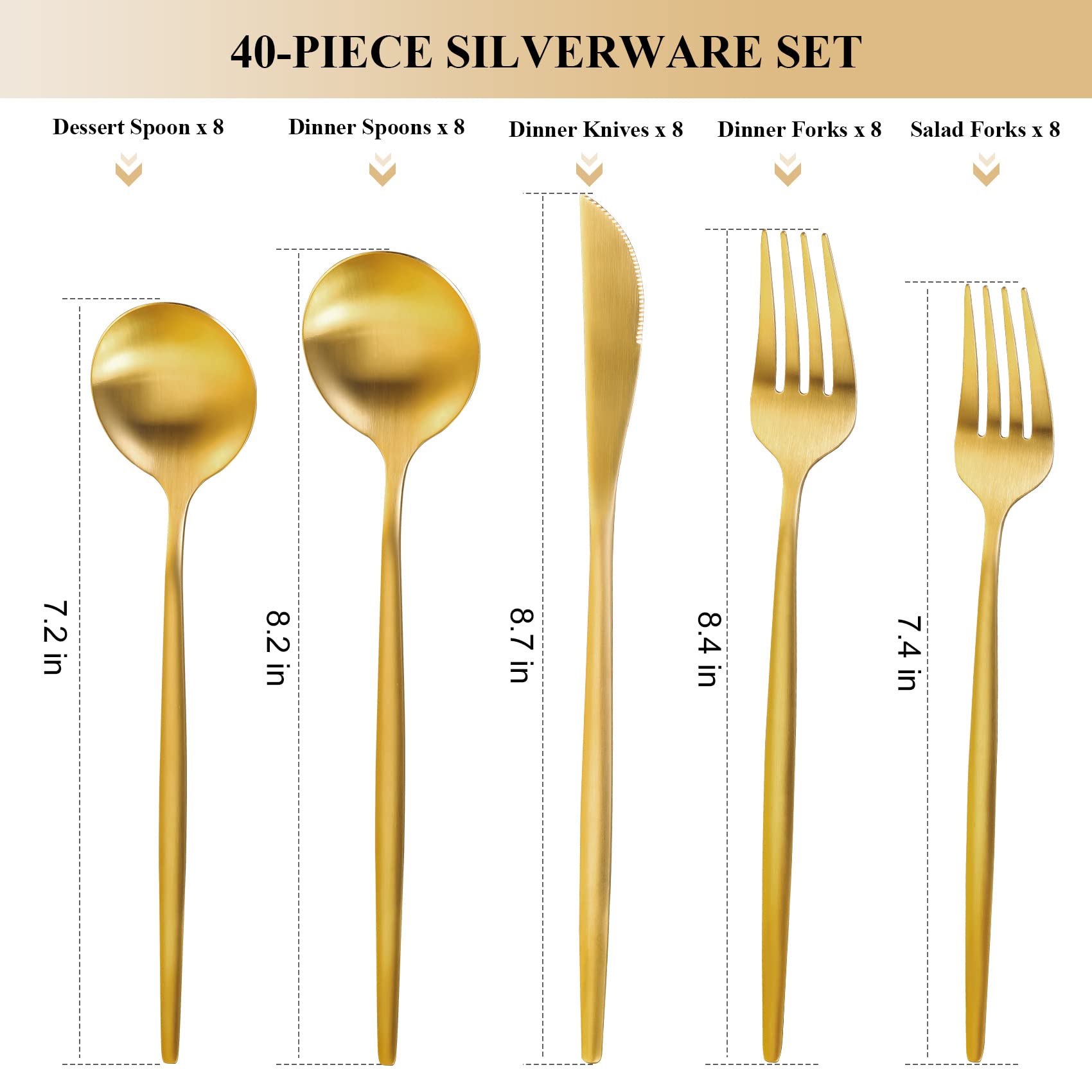 MIKIWAY Ensemble de couverts en acier inoxydable doré mat pour 8 personnes, 40 pièces avec cuillères et fourchettes, poli satiné, passe au lave-vaisselle