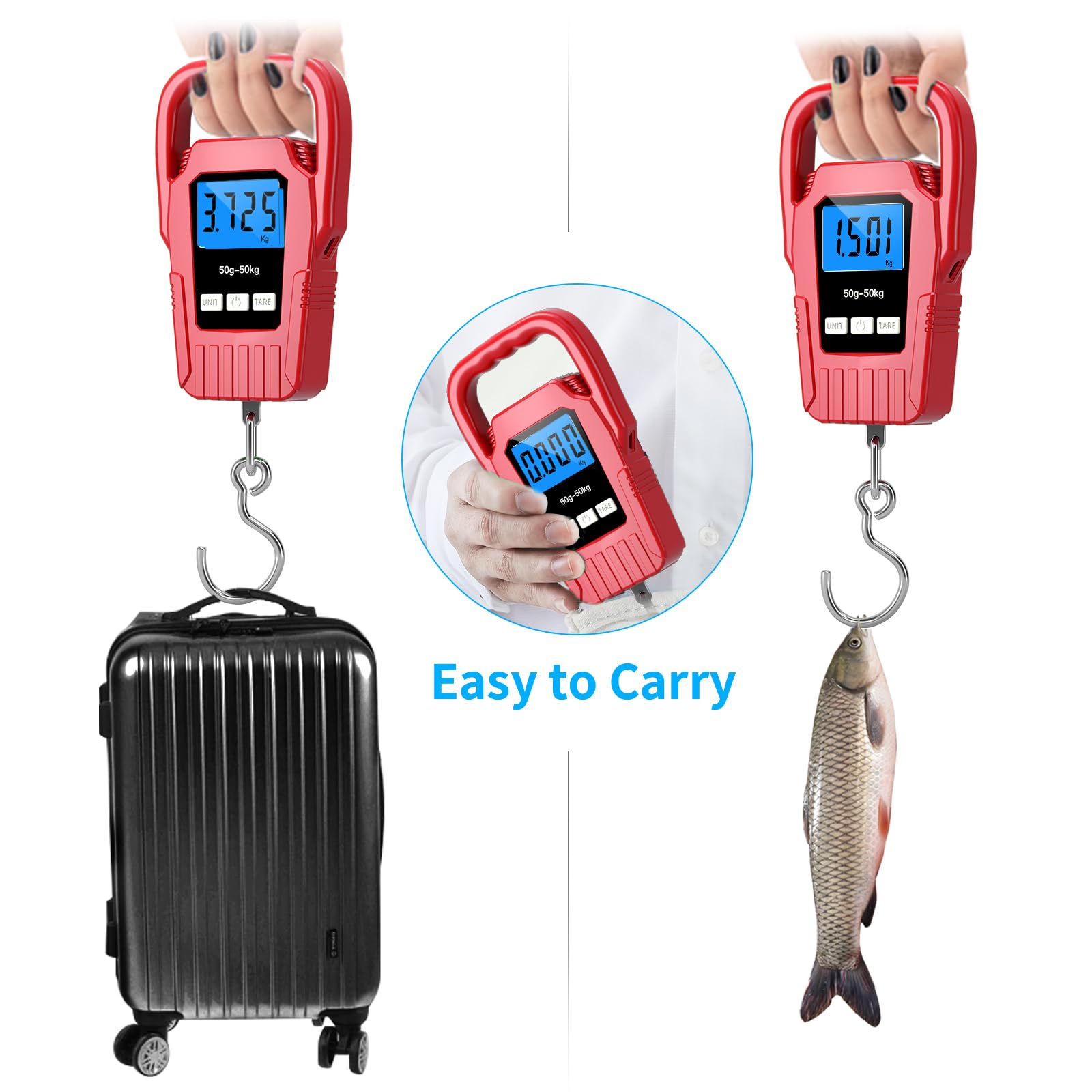Digitale Fischwaage zum Aufhängen, 50 kg Gepäckwaage, großer Griff und LCD-Display mit Hintergrundbeleuchtung, elektronische Balance, digitale Angel-Postwaage, rot, Angelgeschenke für Männer