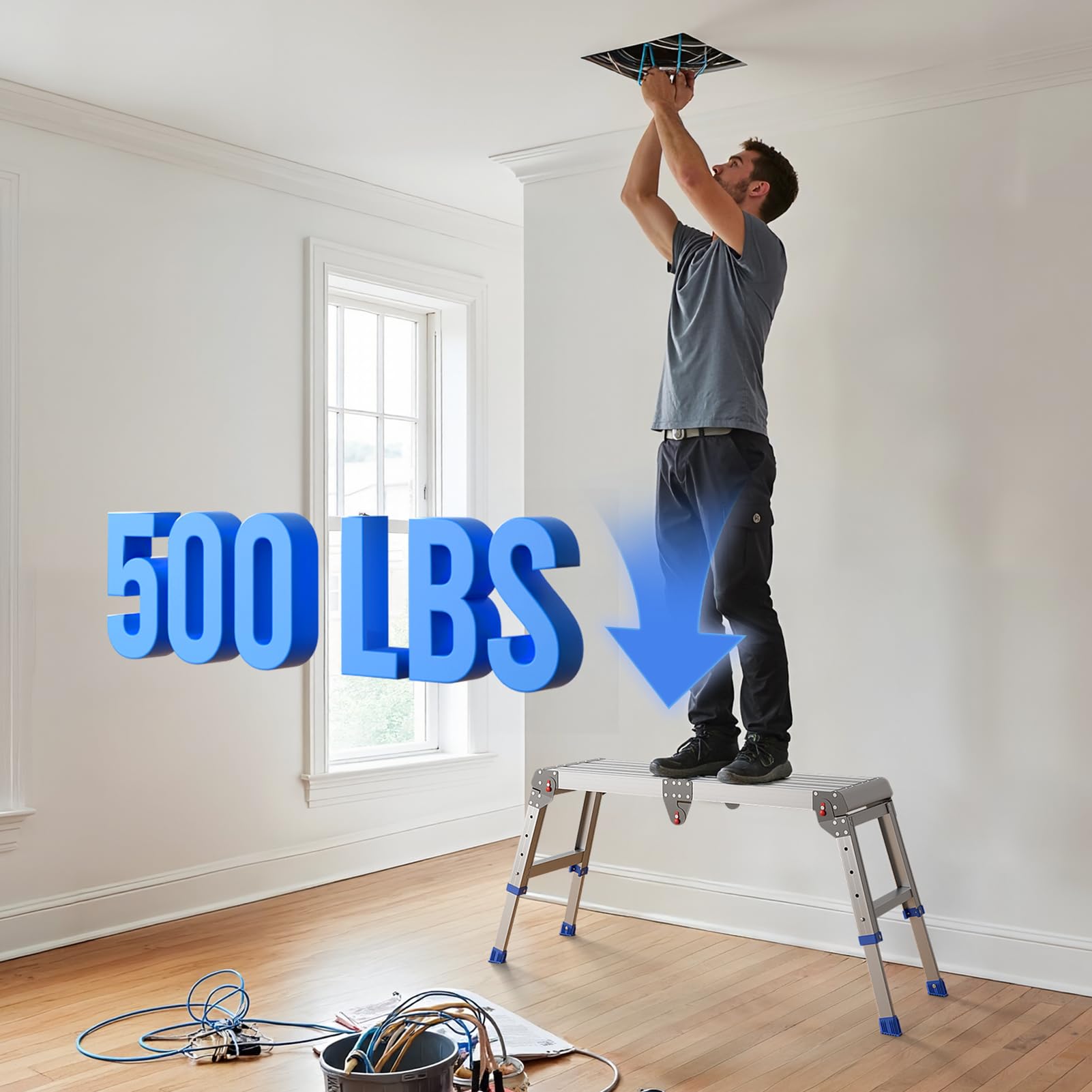 Plataforma de trabajo plegable para adultos, taburete de aluminio plegable, altura ajustable, escalera de aluminio portátil ligera y resistente, capacidad de carga máxima de 500 libras.