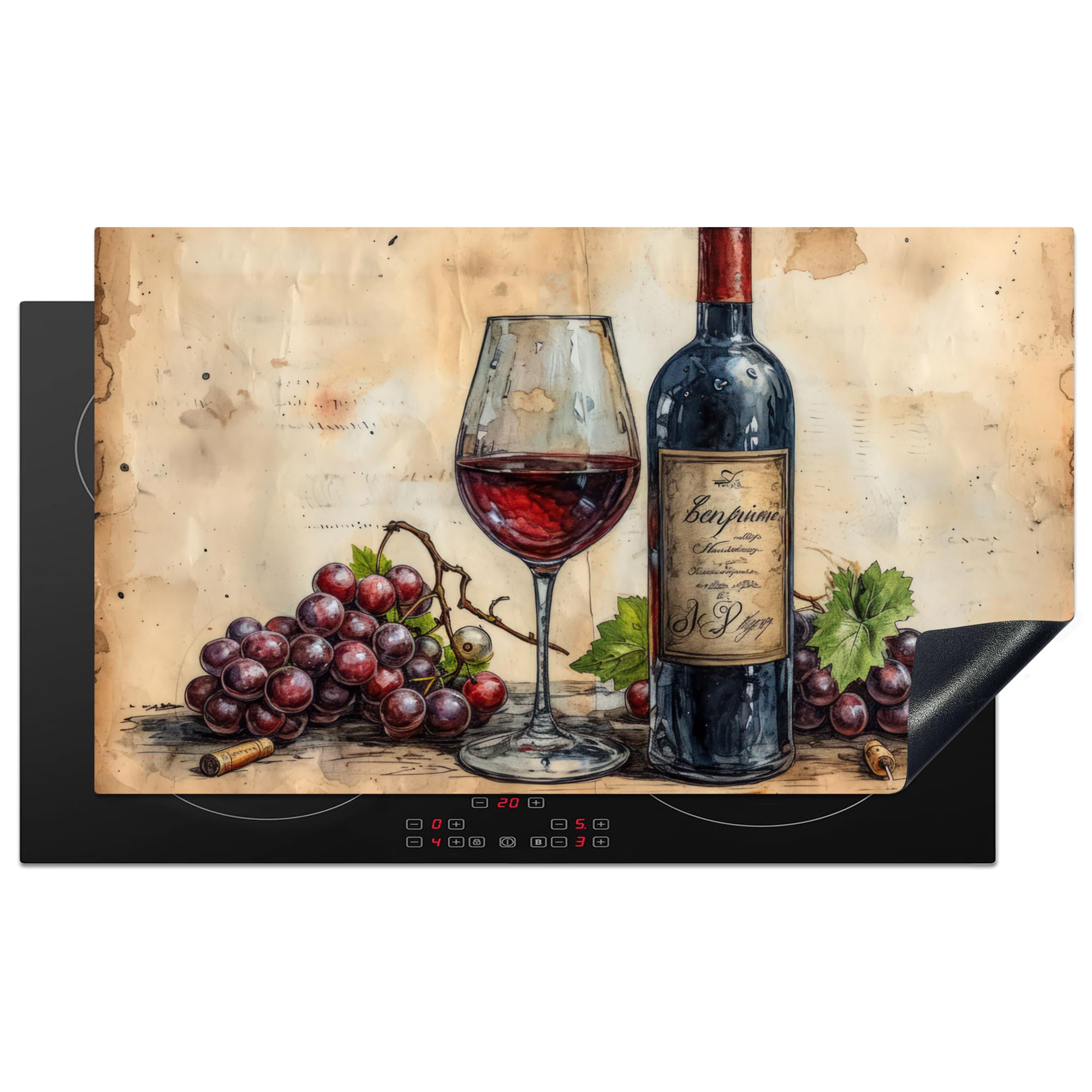 KitchenYeah© Induction Hob Protector Mat 20.3"x35.3" / 89.6x51.6 cm Stove Cap Top Cover Kitchen Cooker Covers for Electric Hobs Vinyl Wine - Grapes - Drink - Wine Glass - Fruit