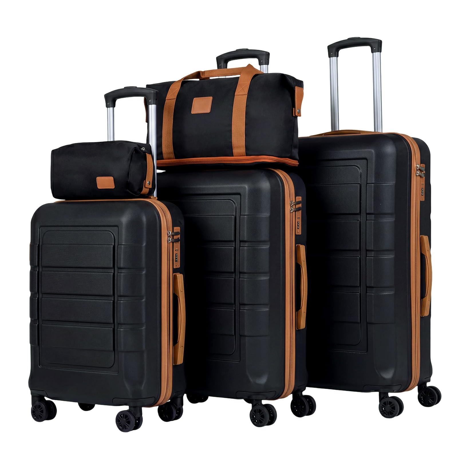 COSTWAY Juego de Maletas de 5 Piezas, 3 Maletas Rígidas ABS Cabina Mediana Grande con Neceser y Bolsa de Viaje, Asa Telescópica, Ruedas Dobles Giratorias 360° y Cerradura, Equipaje Ampliable (Negro)