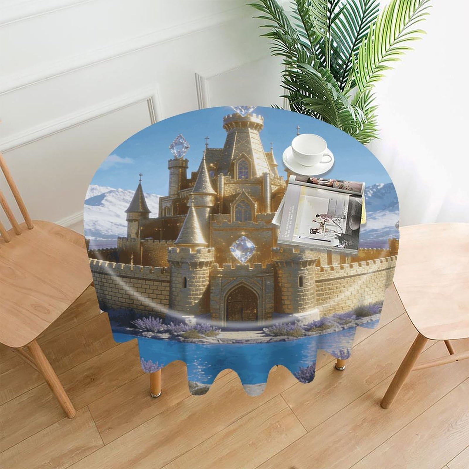 LDGSUPH Golden Castle Round Tablecloth Cover Washable Luxurious Fabric Table Cover Decor Wrinkle Free Fashion Round Table Cloth for Home Dining Kitchen Party 60 in