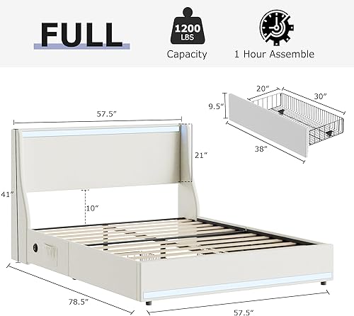 Miniatura 51 de VECELO Full Size Bed Frame with Storage Drawers, Upholstered Platform Bedframe with Wingback Headboard, No Box Spring Needed, Light Grey Gris