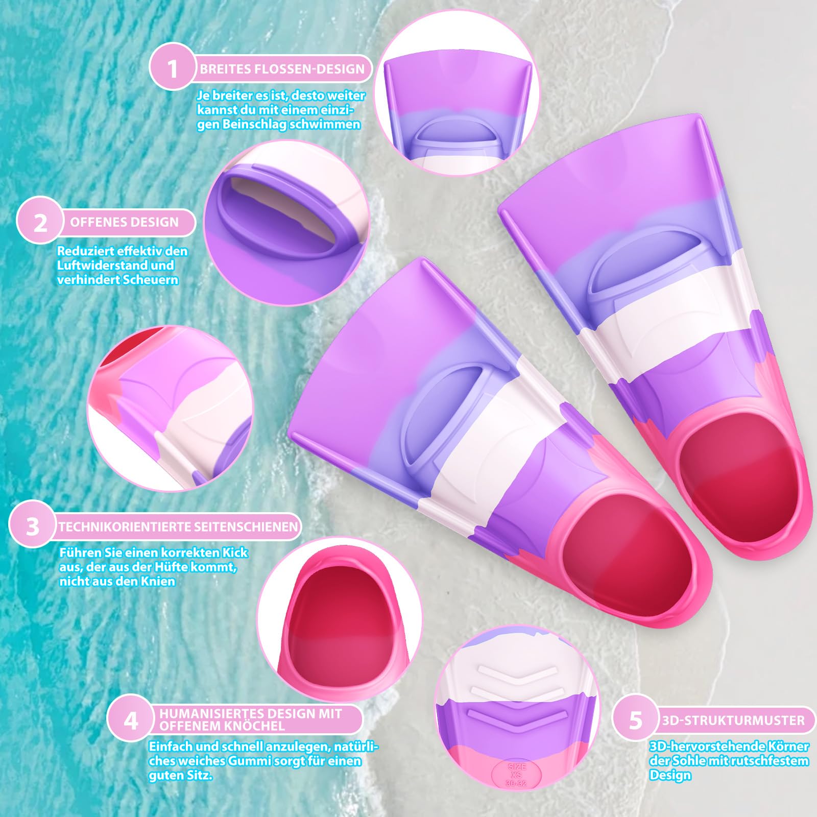 QcoQce Palmes de natation pour enfants, 100 % silicone, palmes courtes pour la plongée avec tuba, la plongée, l'entraînement et les vacances, dans une taille de voyage pratique avec sac en filet pour