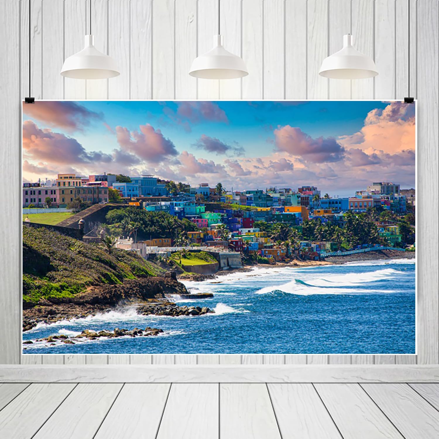 3x2.5m tło urodzinowe San Juan Coast Puerto Rico kolorowe budynki kolonialne, turkusowy ocean skalisty brzeg zachód słońca, motyw karaibski wakacje, akcesoria do studia fotograficznego