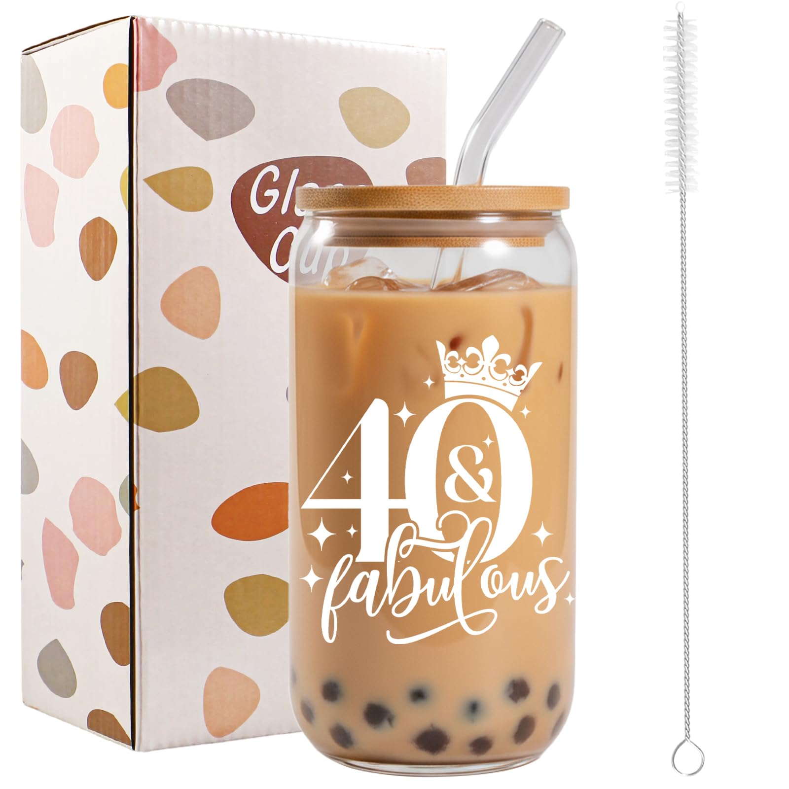 Bliceon 40th Birthday Gifts for Women, 40th Birthday Iced Coffee Cup, 16oz Glass Cup with Lids and Straws for Women, Best Friend, Girlfriend, Wife, Mum — image 1