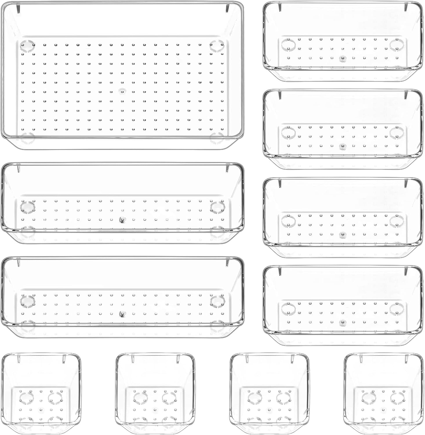مجموعة صواني تنظيم ادراج المكتب مكونة من 11 قطعة من بيوريكون، صناديق تخزين بلاستيكية شفافة لادراج الحمام، صواني فانيتي منظم لغرفة النوم وخزانة الملابس والمكياج والمطبخ والمكتب
