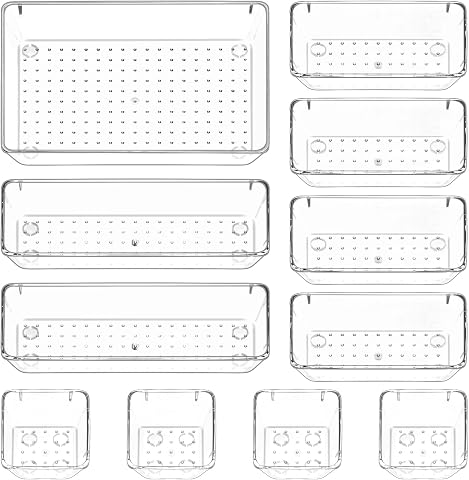 Puricon Pack of 11 Drawer Organiser System Plastic Makeup Organiser Non-Slip Drawers Organiser Plastic Storage Boxes for Bathroom Cosmetics Dressing Table Kitchen Office Pen Trays Transparent