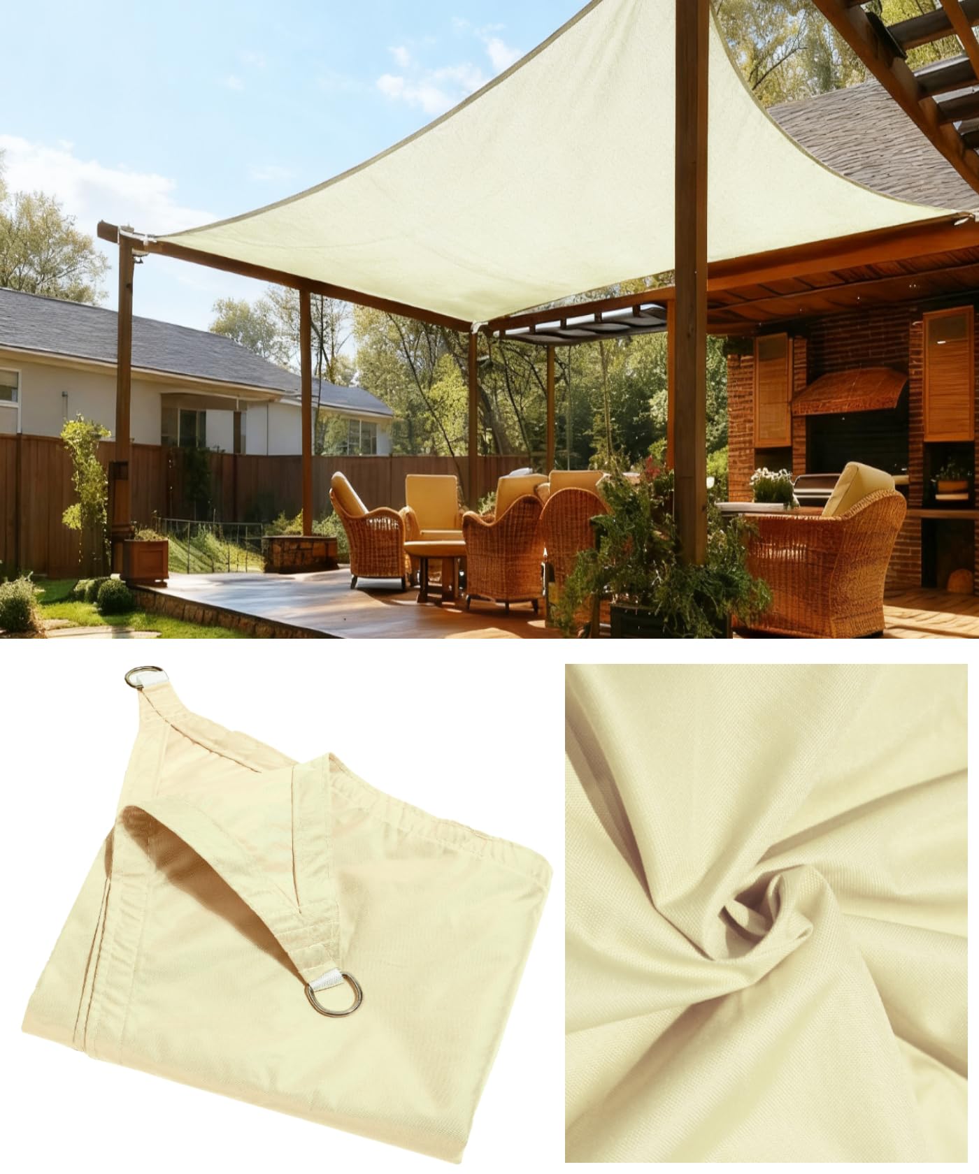 Sonnensegel, 2 m x 4 m, rechteckig, wasserdicht, PES-Polyester, 98 % UV-Schutz, für Terrasse / Garten, rechteckig, mit Seilen im Lieferumfang enthalten, cremefarben