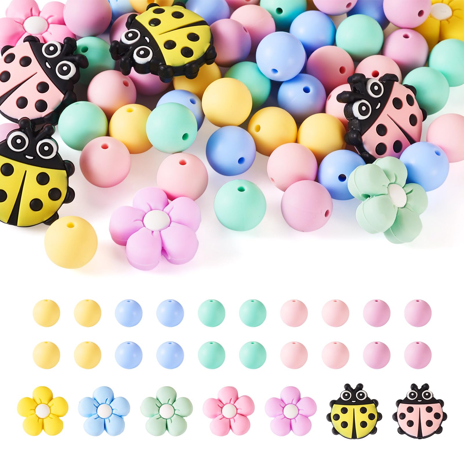 Cheriswelry 59Pcs Flower Ladybird Silicone 15mm Round Rubber Beads Spring Summer Bracelet Making Beads for Jewelry Making