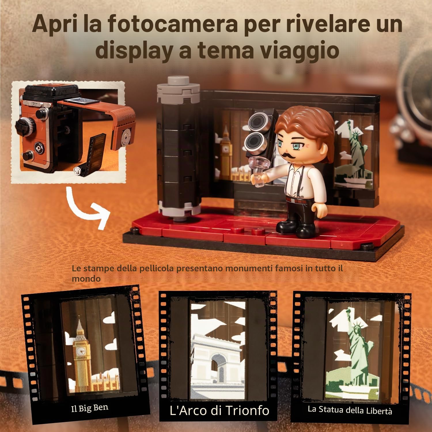 PANTASY Set di mattoncini retrò per costruzione di fotocamera per adulti, modello classico di fotocamera a doppia lente reflex con funzioni interattive, fotocamera vintage modello da collezione come