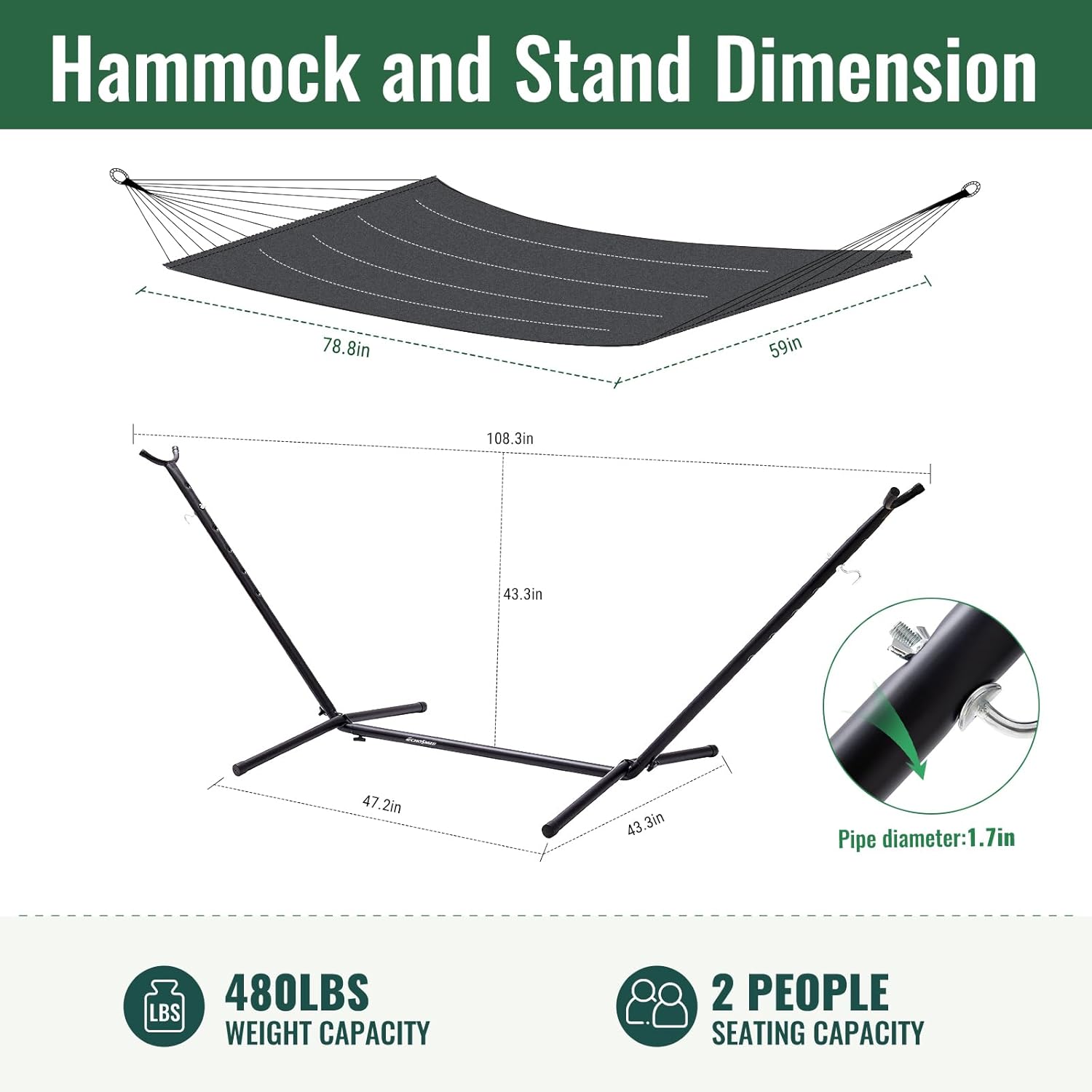 EchoSmile Double Hammock with Detachable Stand - 480 lbs Heavy Duty 2 Person Hammock Adjustable Hooks Indoor Outdoor Stand Hammock Durable Steel Frame - Gray