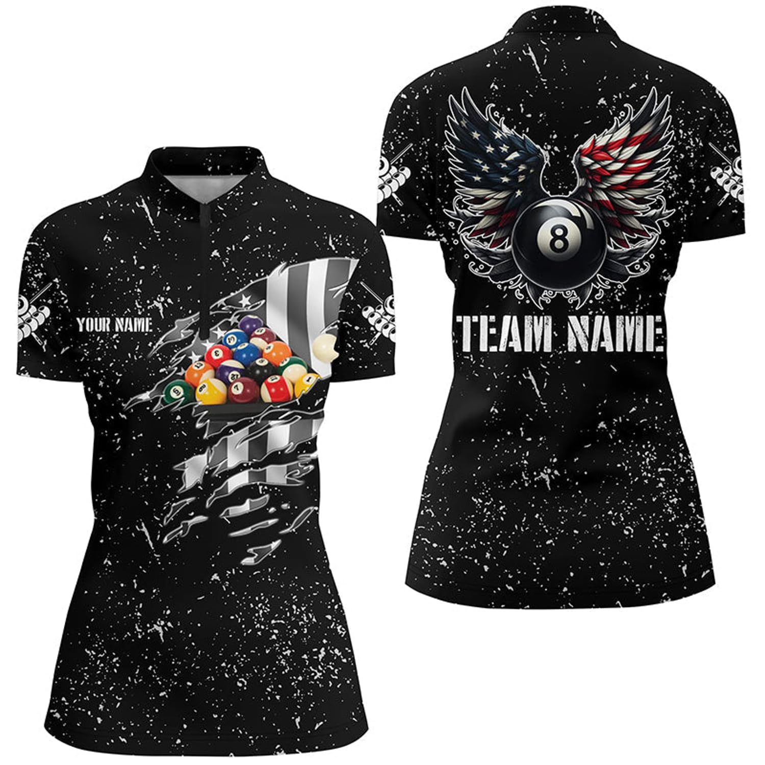 Personalized US Flag Billiard Balls 3D Quarter Zip Shirts for Women Funny 8 Ball Pool Wings Jerseys V1001