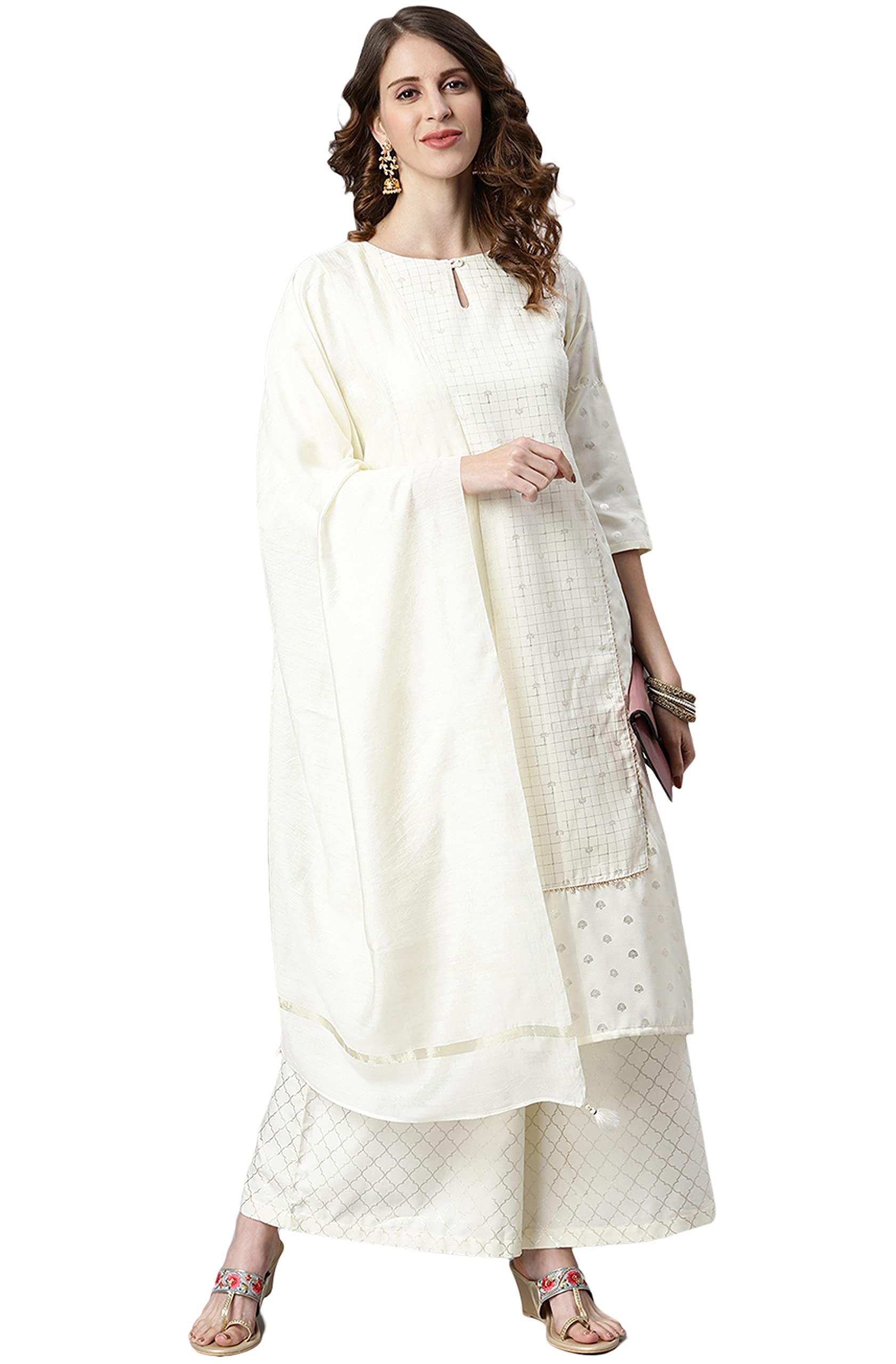 JanasyaIndian Off- Poly Silk Kurta with Palazzo and Dupatta for Women