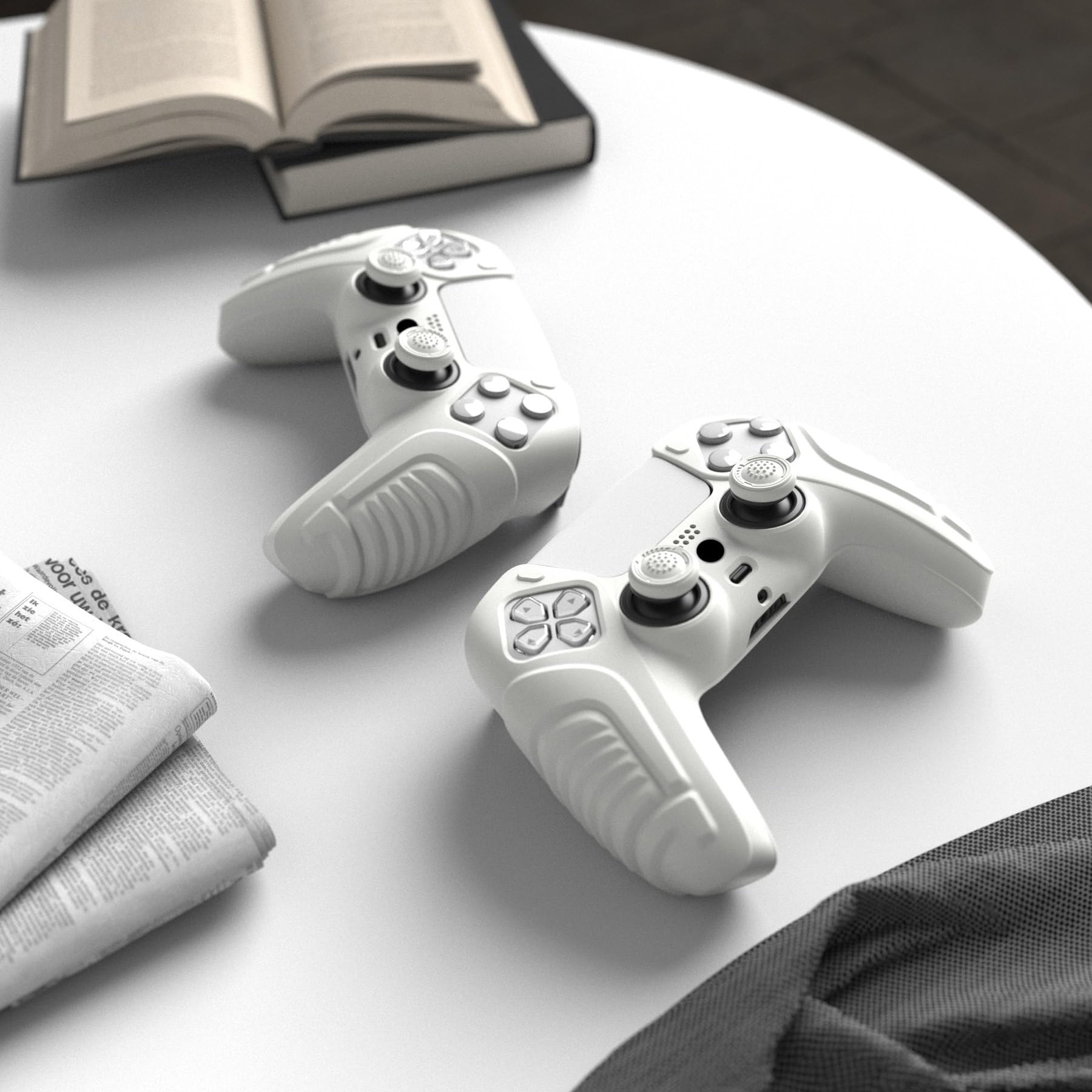 PlayVital Cover Skin Silicone Protettiva per ps5 Joystick,Custodia Antiscivolo Copertura Gomma per Controller con Copri Levette Analogiche(Guerriero Furioso Edizione)-Bianco