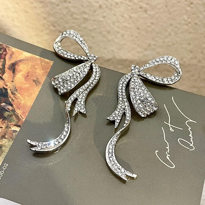 Crystal Bow Stud Earrings Full Rhinestone Bowknot Ribbon Dangle Earrings Shining Butterfly Knot Tassel Earrings Women Party Wedding Jewelry Gifts - Image 7