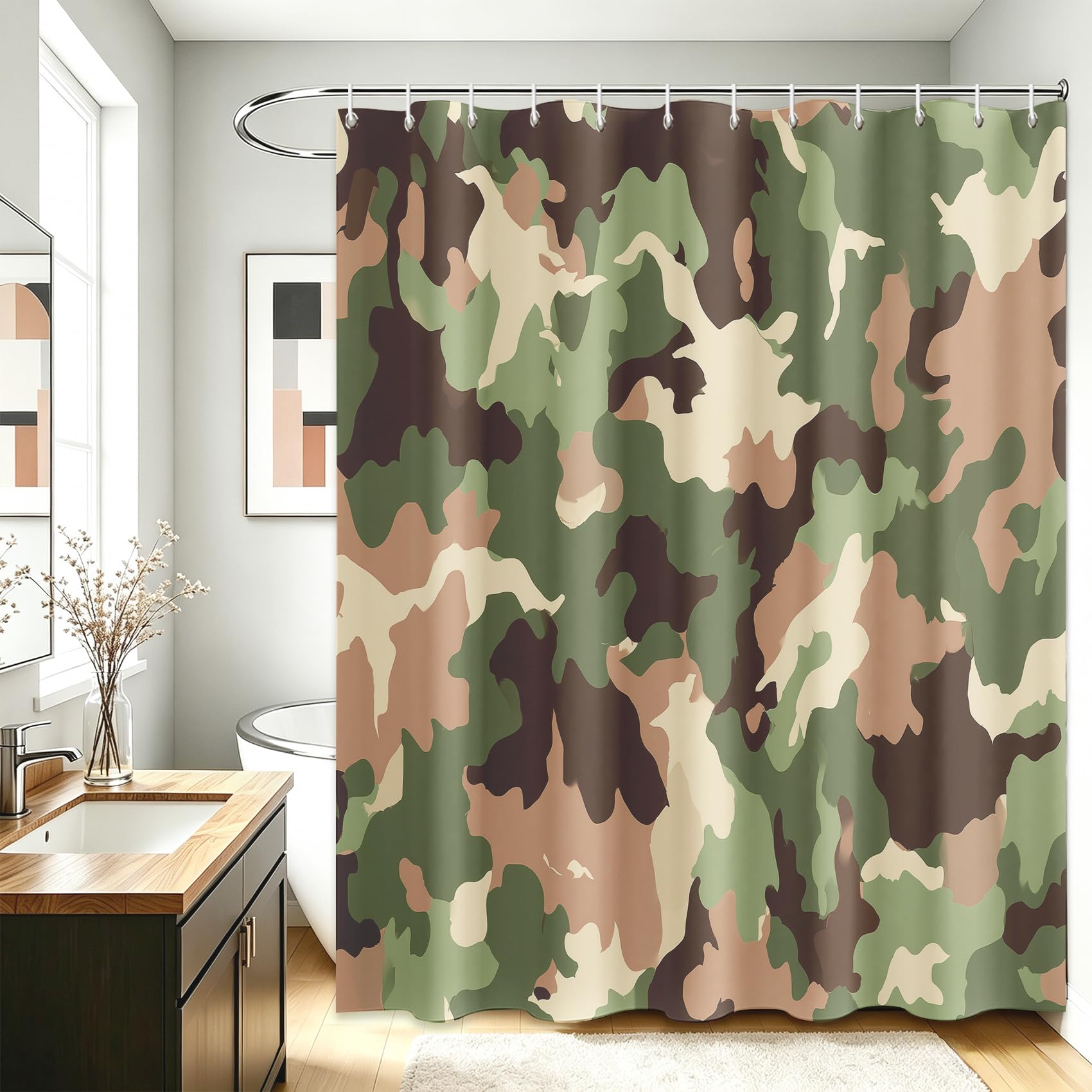 Générique Rideau de Douche Camouflage Militaire 200x240cm | Rideau Douche Armée Moderne Tissu Polyester Hydrofuge Rideau Baignoire pour Salle de Bain avec Crochets