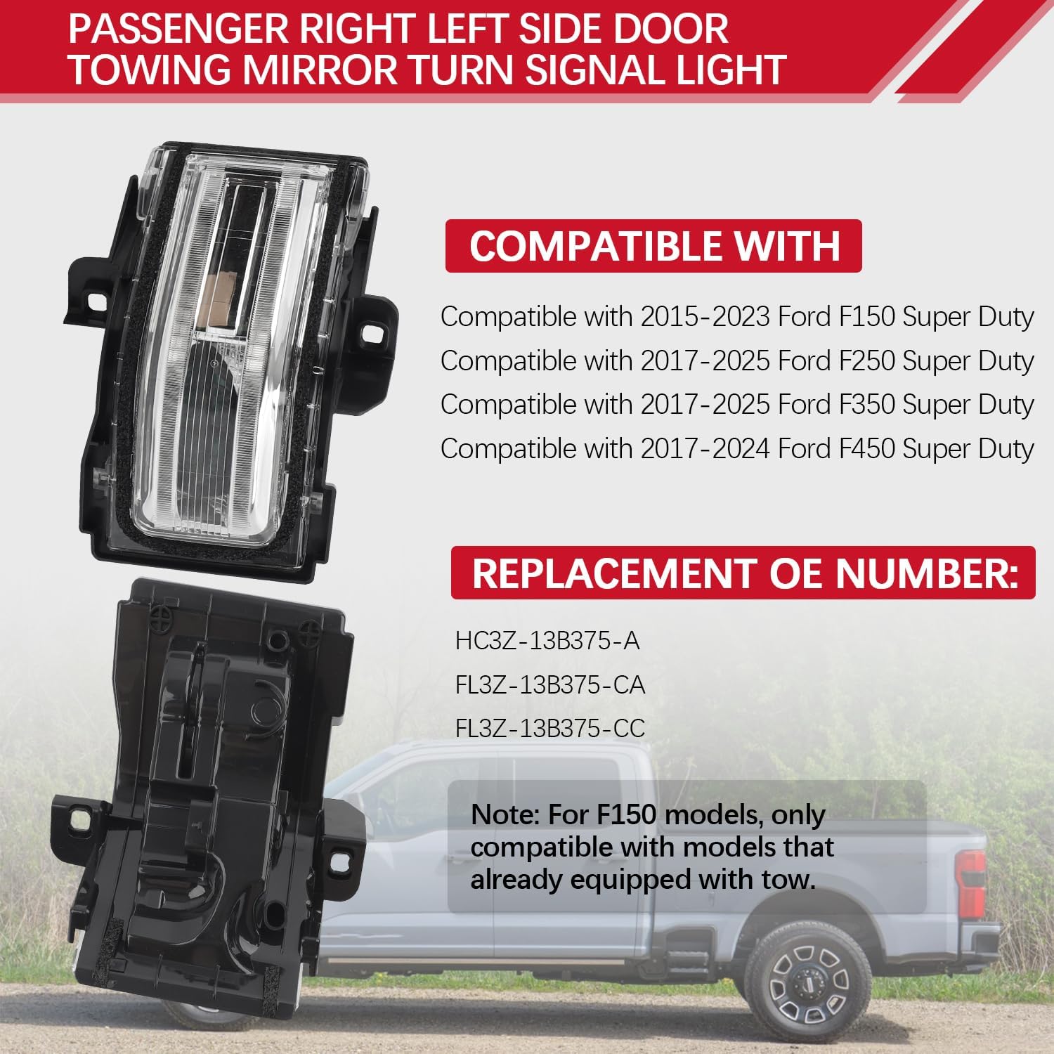 Right Passenger Side Door Mirror Turn Signal Light Compatible With Ford F150 2015-2023, F250 F350 2017-2025, F450 2017-2024 Mirror Signal Lens Lamp without Spot Replaces# HC3Z13B375A