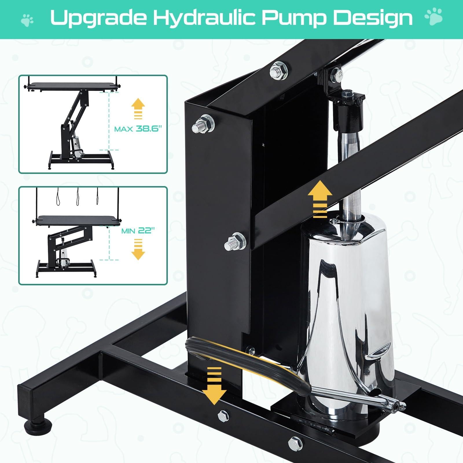 Hydraulischer Hundefrisiertisch 110 cm, Trimmtisch für große Hunde bis 158 kg, Z-Lift Hundepflegetisch höhenverstellbar (56-98 cm) mit Doppel-Galgen & Rutschfester Arbeitsfläche, Schwarz