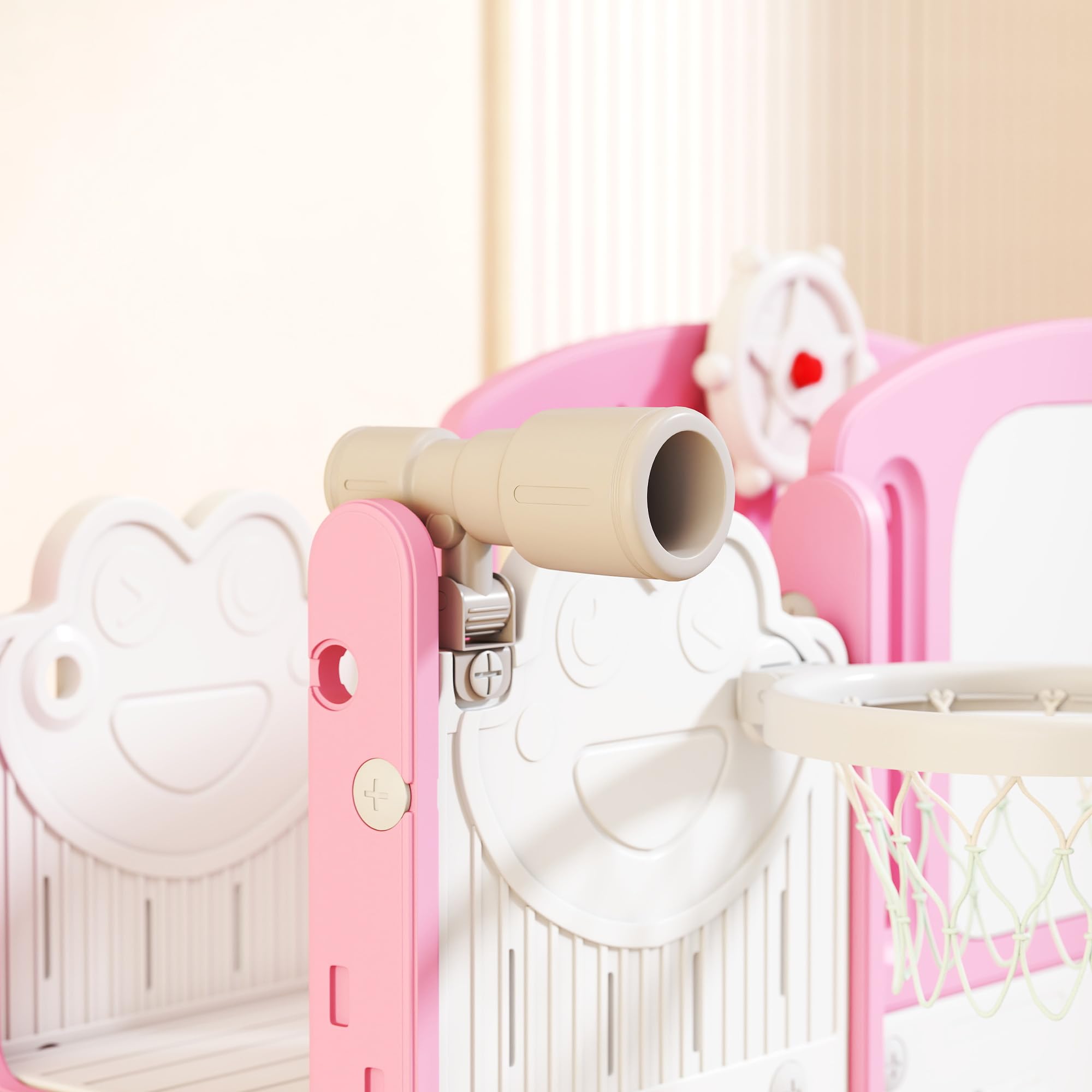 AIYAPLAY Tobogán Infantil 7 en 1, Tobogán para Niños de 1-3 Años, Temática de Rana, con Aro de Baloncesto, Túnel, Pizarra, Telescopio de Juguete, Escalador y Cajas, para Interior y Exterior, Rosa
