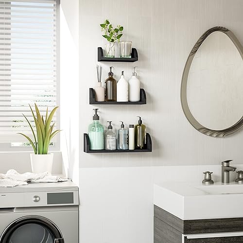 Miniatura 6 de SRIWATANA Estantes flotantes montados en la pared, estantes de madera maciza, juego de 3 estantes para dormitorio, sala de estar, baño, cocina,