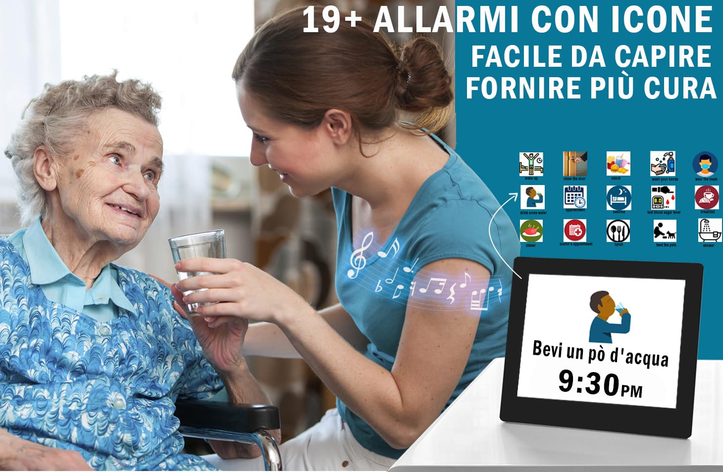 Véfaîî Sveglia Digitale Orologio Parete 2.0, 19 Allarmi & Promemoria Personalizzati, 10 Opzioni Oscuramento Automatico, Datario Non-Abbreviato per Anziani Ipovedenti Demenza, con Telecomando