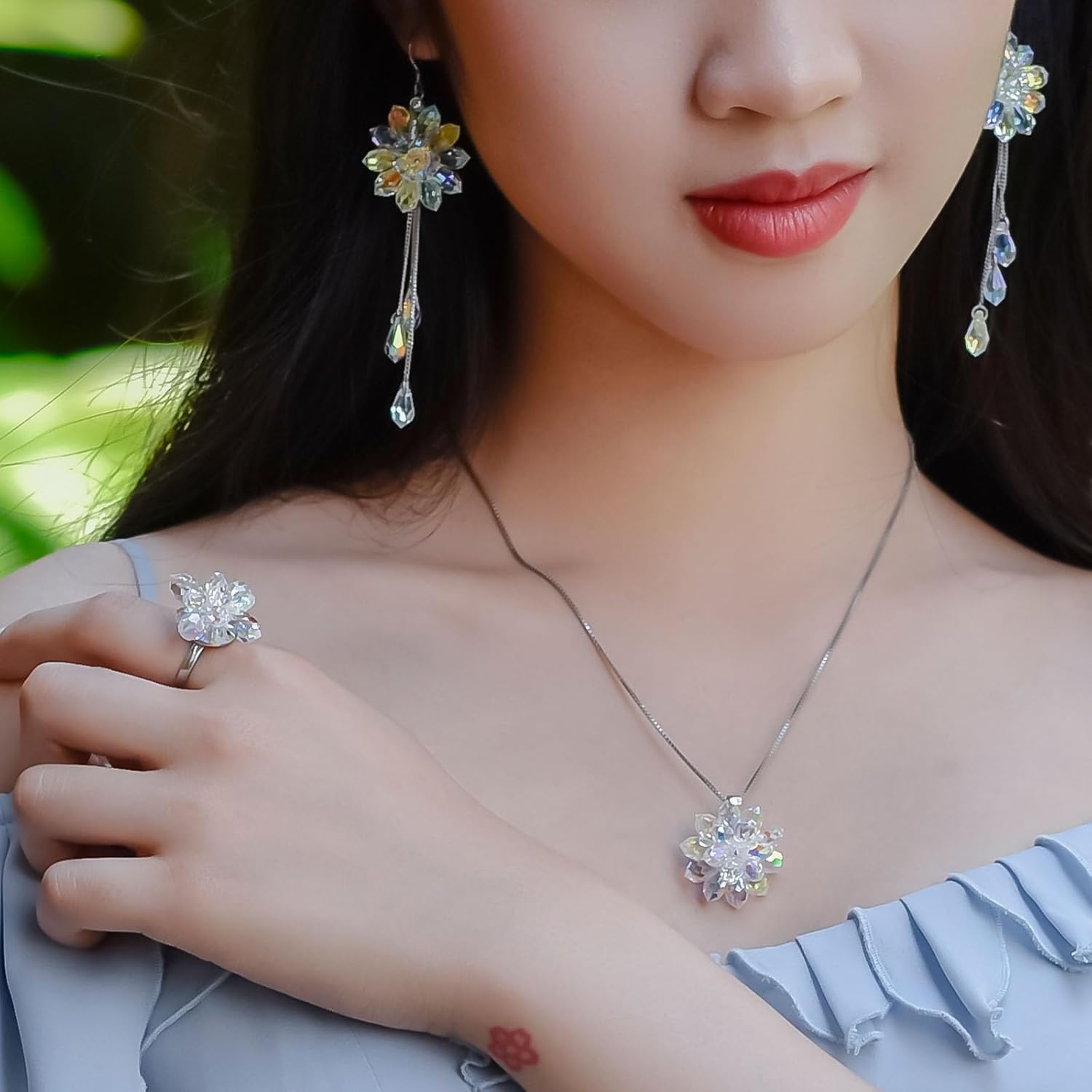 Handcraft 925 Sterling Silver Long Tassel Raindrop Dangle Earrings Iridescent Daisy flowers with Aurora Borealis Austrian Crystals Jewelry for Women ladies gift - Image 3