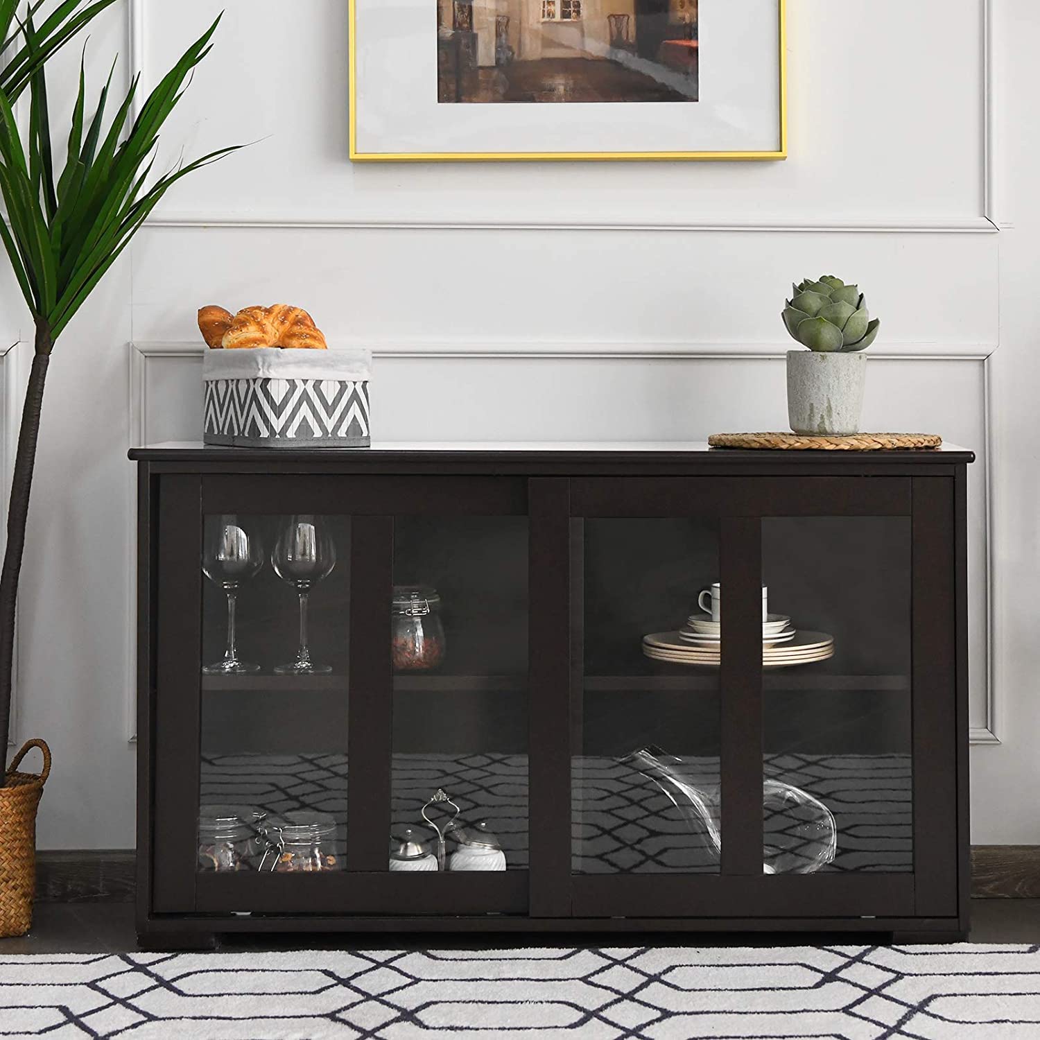 Hysache - Armario de almacenamiento de bufé de cocina, aparador apilable con puertas correderas y estante ajustable en altura, armario pequeño para el hogar, cocina, comedor (color espresso) (HW53867) 7