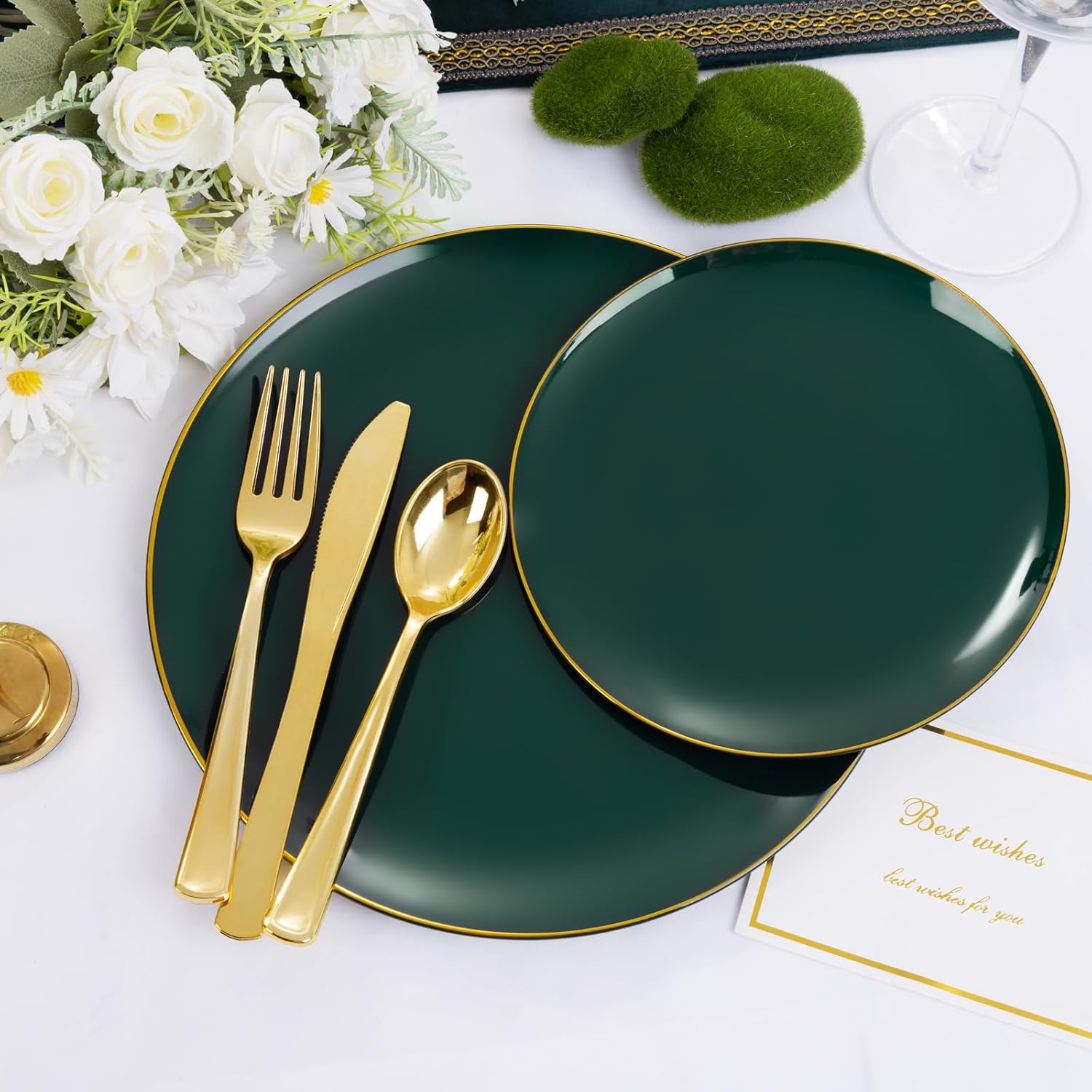 YOUBET 24 Pack Plastic Ribbed Wine Glasses - 10 OZ Clear Square Wine Glasses with Stem & 125PCS Green Plastic Plates - Green Disposable Plates With Gold Rim