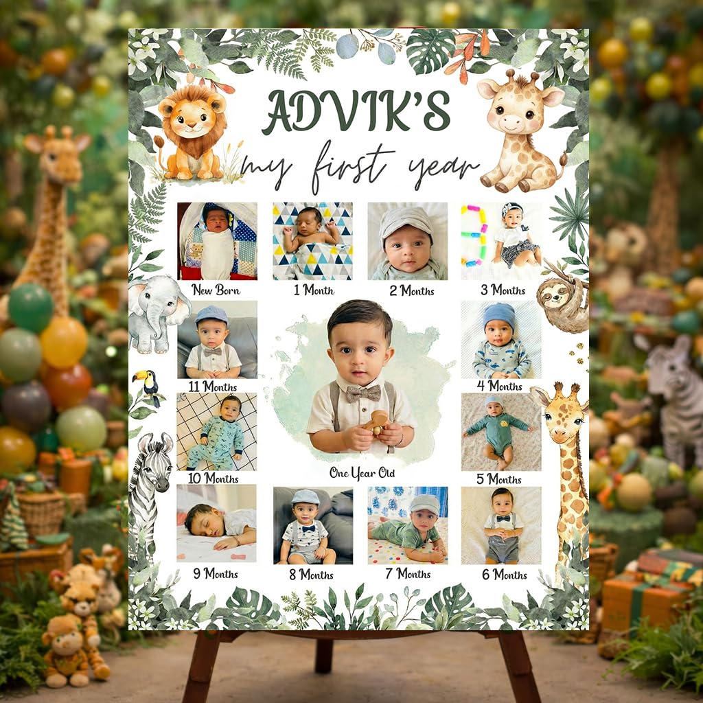 Party Perfect Designs Jungle Safari Theme First Birthday Photo Collage Board, 1 Year Milestone Poster, 3mm/5mm Sunboard, Customised Print (White/Pastel Green)-image-2