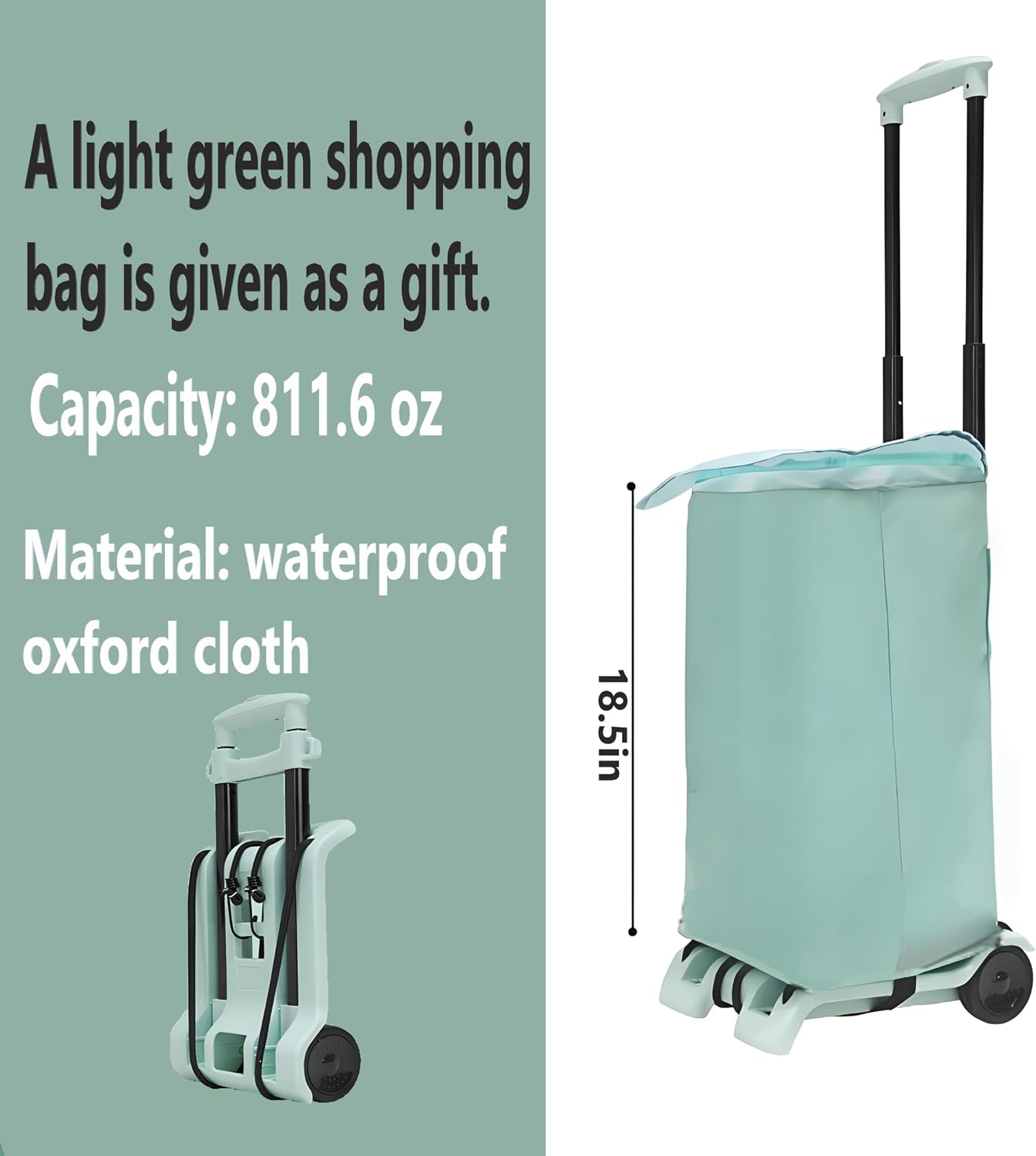 88 lbs Folding Trolley, Portable Folding Trolley, Practical and Lightweight Trolley with 2 Wheels, 1 Bungee Cord and 1 Shopping Bag, Suitable for Shopping, Traveling, Moving, Office use