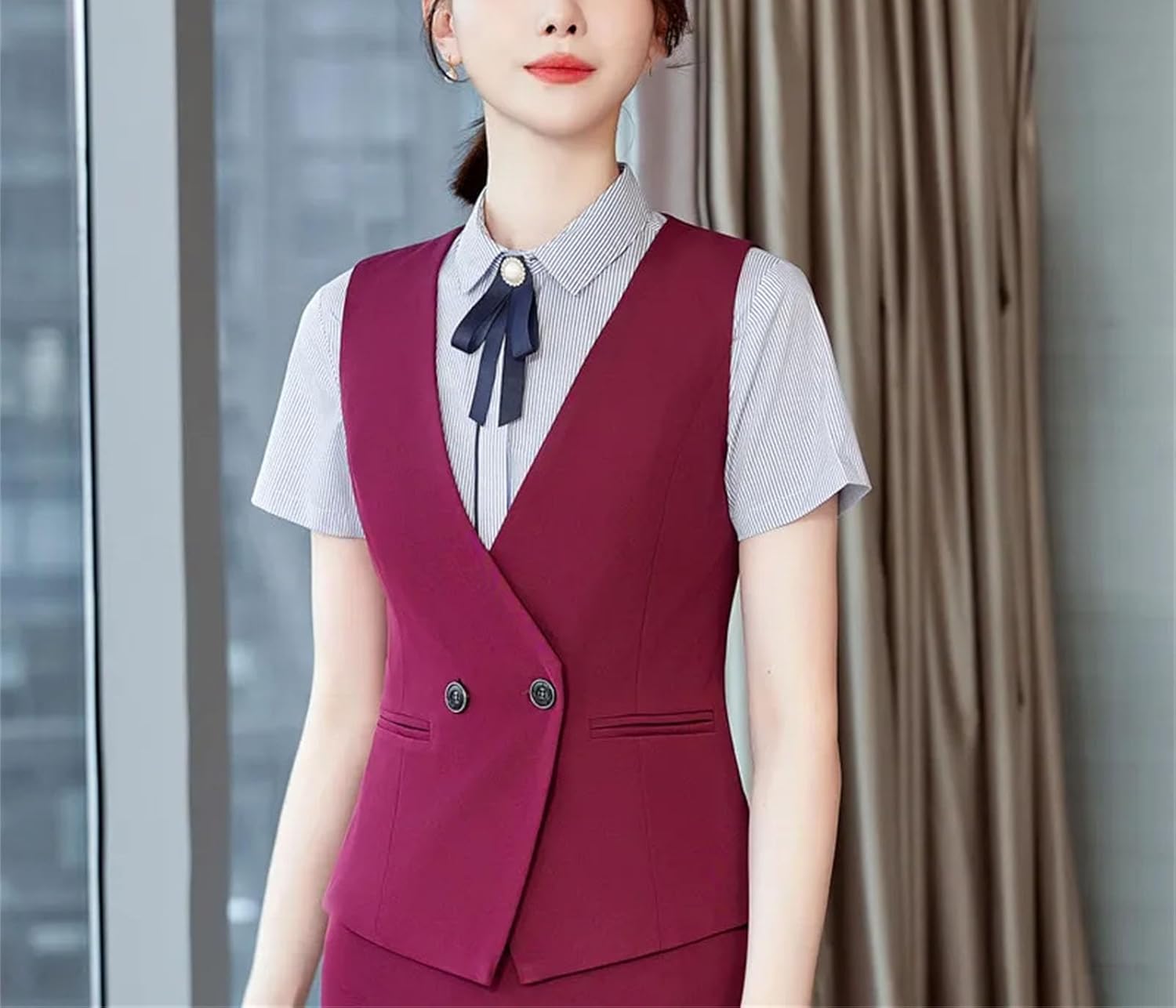 レディース Vネック ビジネスベスト、スリムフォーマル ノースリーブ トップス