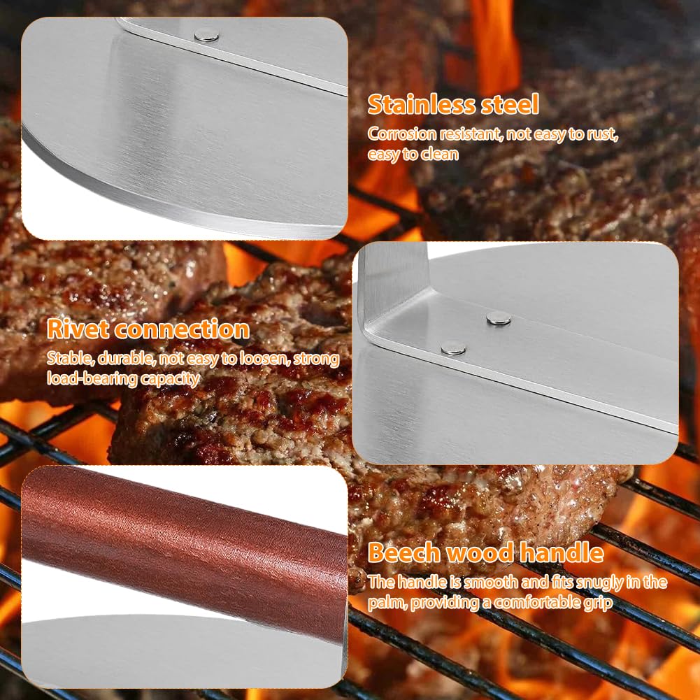 Pressa per hamburger, in acciaio inox con manico in legno, per hamburger, facile da pulire, per griglia piatta, carne, patty, bistecca, bacon, salsiccia, accessori professionali per barbecue (grande)