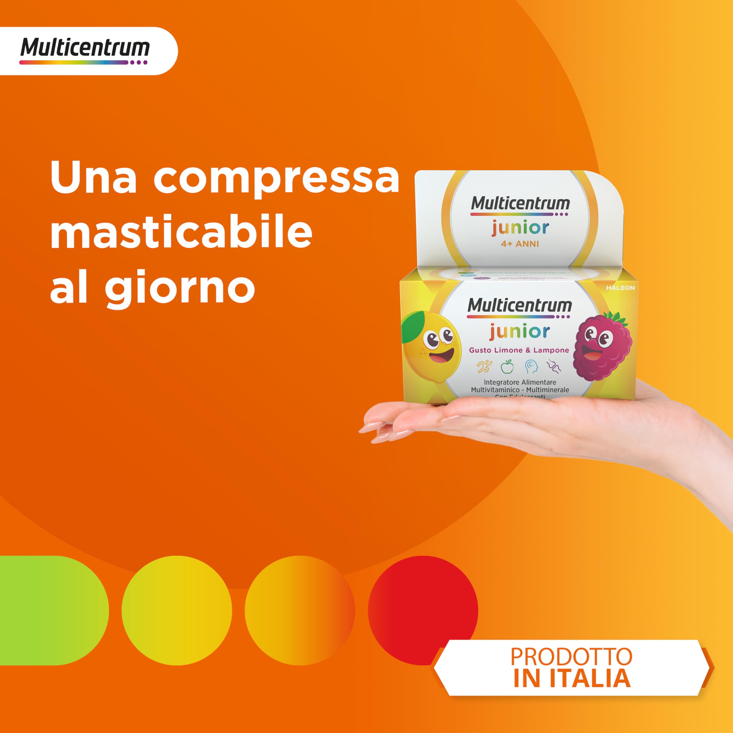 Multicentrum Junior Integratore alimentare Multivitaminico Completo, apporto completo formulato per i bambini 4+, Senza Glutine, Gusto Limone e Lampone, 30 Compresse Masticabili