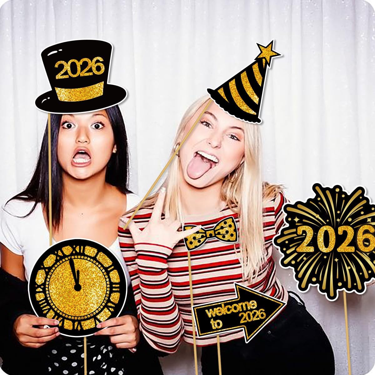 25 Pcs Happy New Year Photo Booth Props 2026, New Year Eve Grad Party Supplies Black Gold Funny Photobooth Props New Year Decorations - Image 3