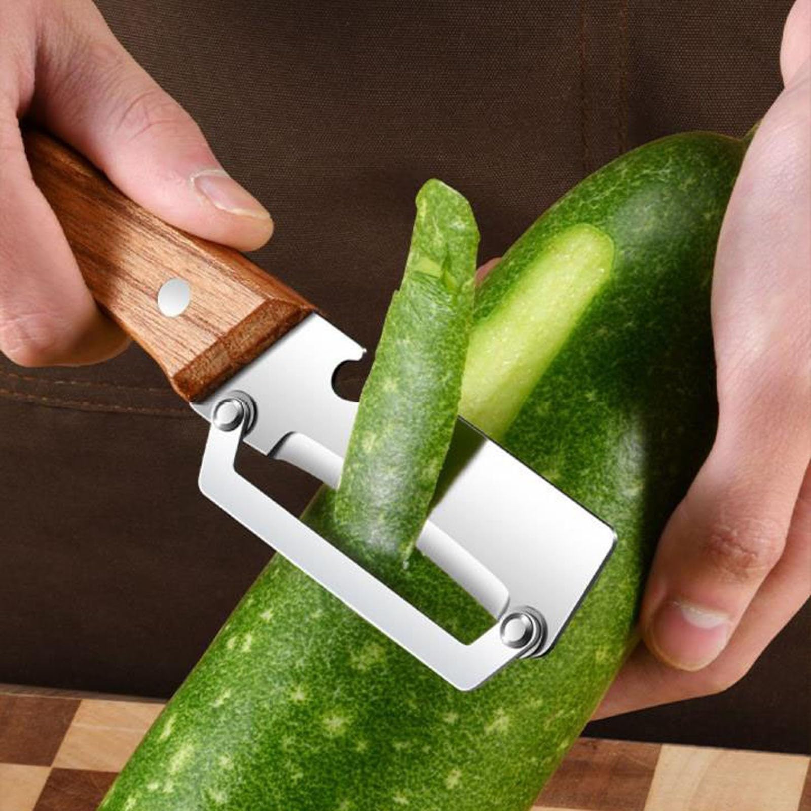 Pelapatate Multifunzionale, Multi-Functional Vegetable Peeler, Pela Patate multifunzionale in acciaio inossidabile per la cucina con manico in legno e apribottiglie (2PC) - 5