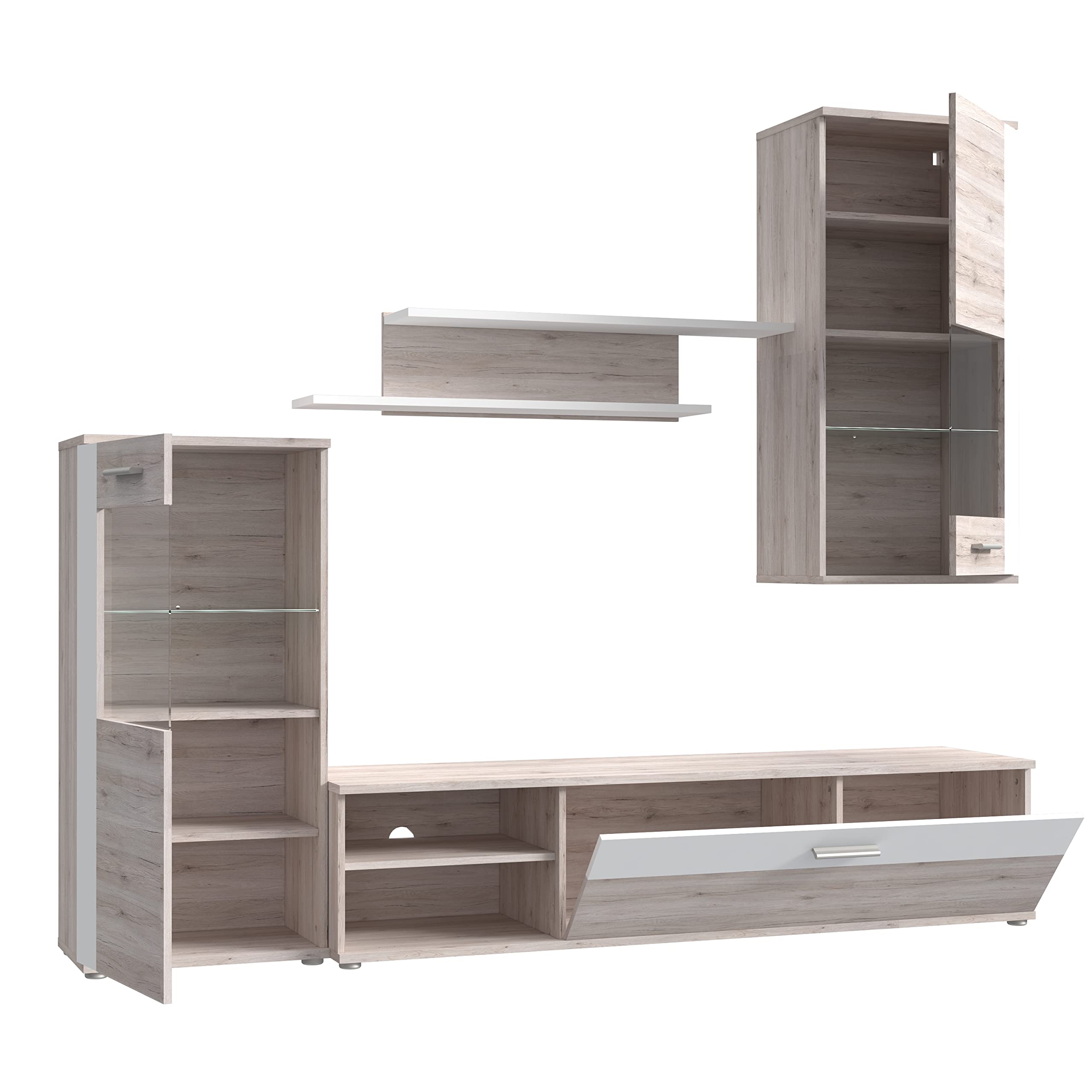Forte HOT SHOT Moderne Wohnwand 210 220, Große Wohnwand mit 2 Glastüren und 1 Klappe inklusive LED-Beleuchtung, Holzwerkstoff, Sandeiche Dekor / Weiß, 213 cm breit x 184 cm hoch x 41,3 cm tief