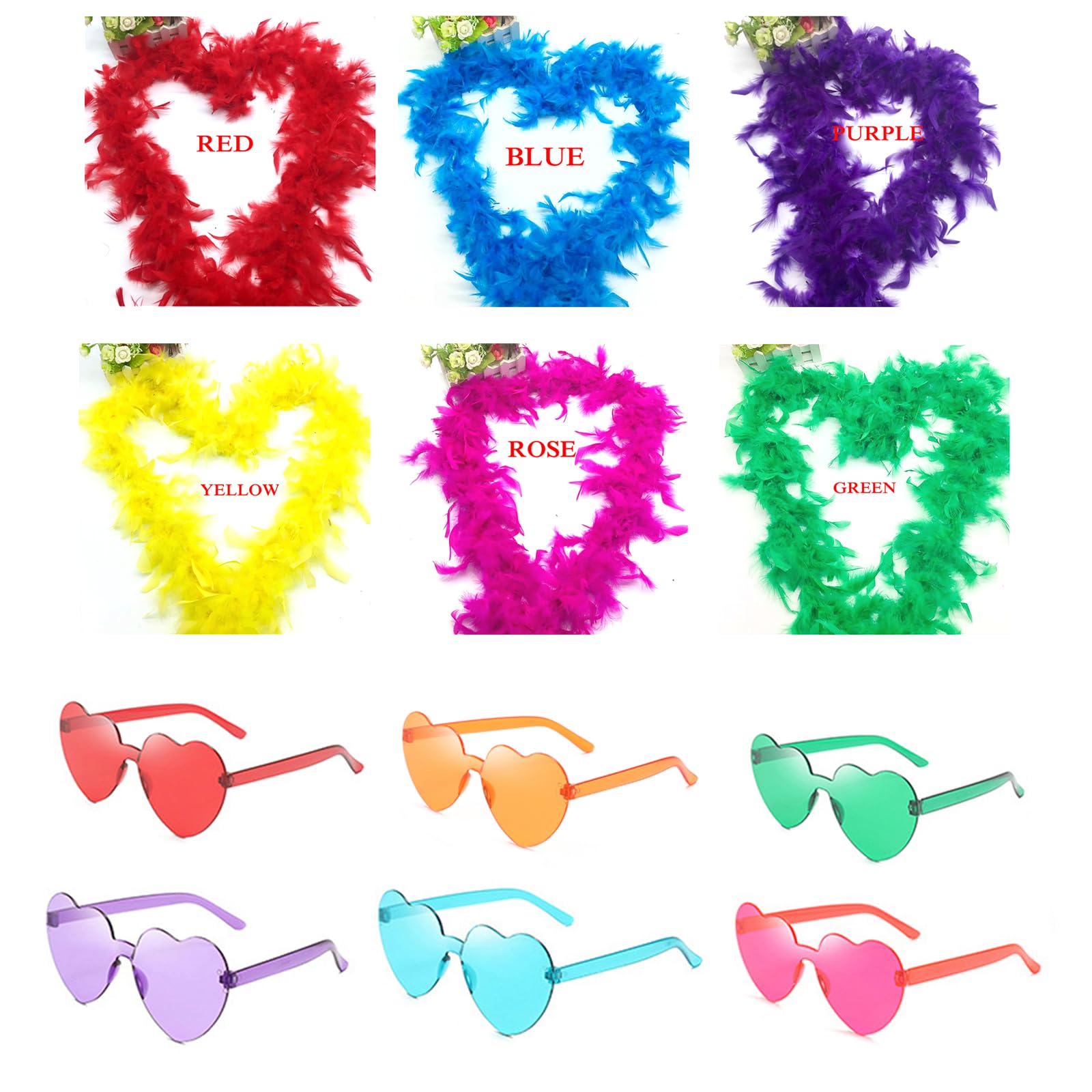 TourKing 6PCS 6.6ft Feather Boas Multipack with Frameless Sunglasses for Women Girls Pink Party Accessories for Girls Party Dress Dancing Wedding Dress Up Carnival Halloween Decoration