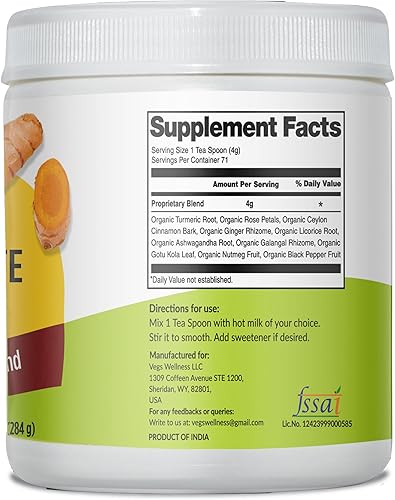 Miniatura 9 de Vegs Mezcla dorada con leche de cúrcuma ayurvédica, leche dorada en polvo con cúrcuma y jengibre, súper mezcla de leche dorada con pétalos de rosa