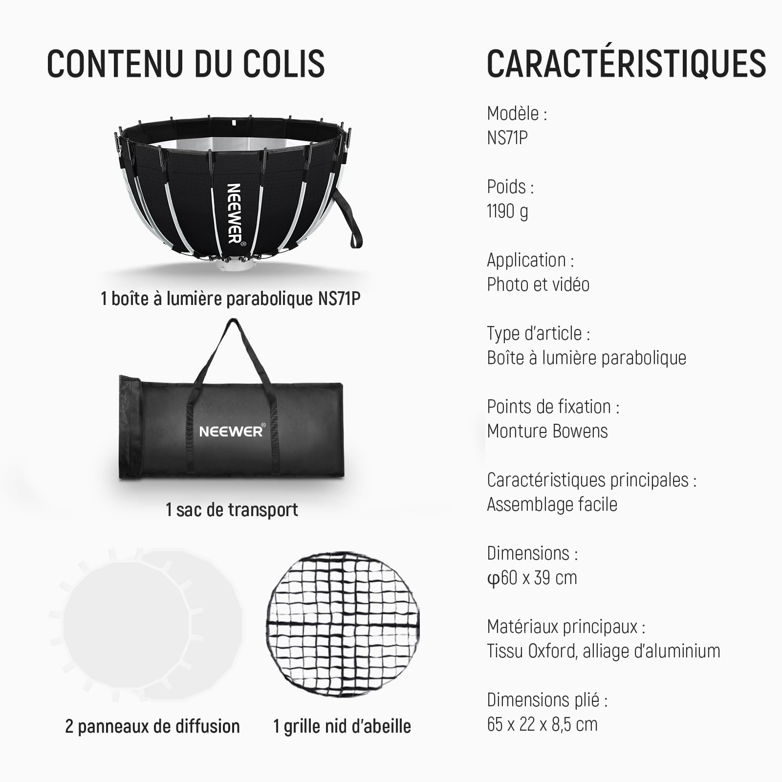 NEEWER Kit de boîte à lumière parabolique Bowens - 60 cm - avec diffuseurs de lumière - pour Studio de Photographie, Enregistrement vidéo, Diffusion en continu - Compatible avec Aputure 120d