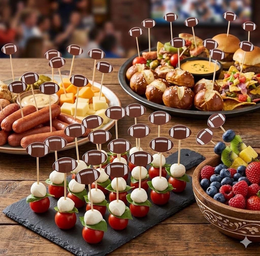 Football Cocktail Picks 500 Pcs, 4.7 Inch Brown Bamboo Appetizer Skewers