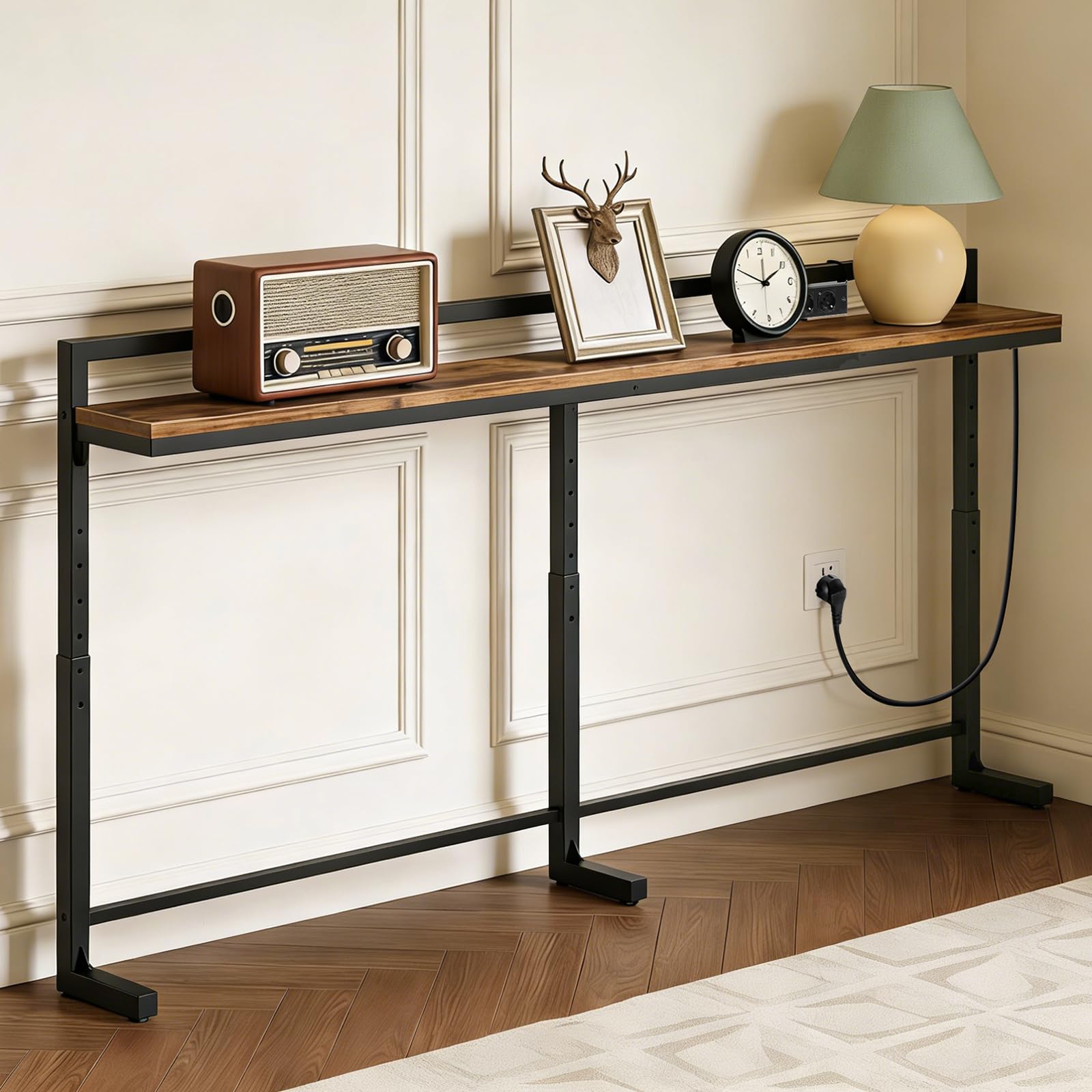 YATINEY 200 cm Konsolentisch mit Verstellbarer Höhe (70–90 cm), Langer schmaler Flurtisch mit verschiebbarer Steckdosenleiste (2AC, 1USB-A, 1USB-C), Langer Eingangstisch für Wohnzimmer, XCT22CBR
