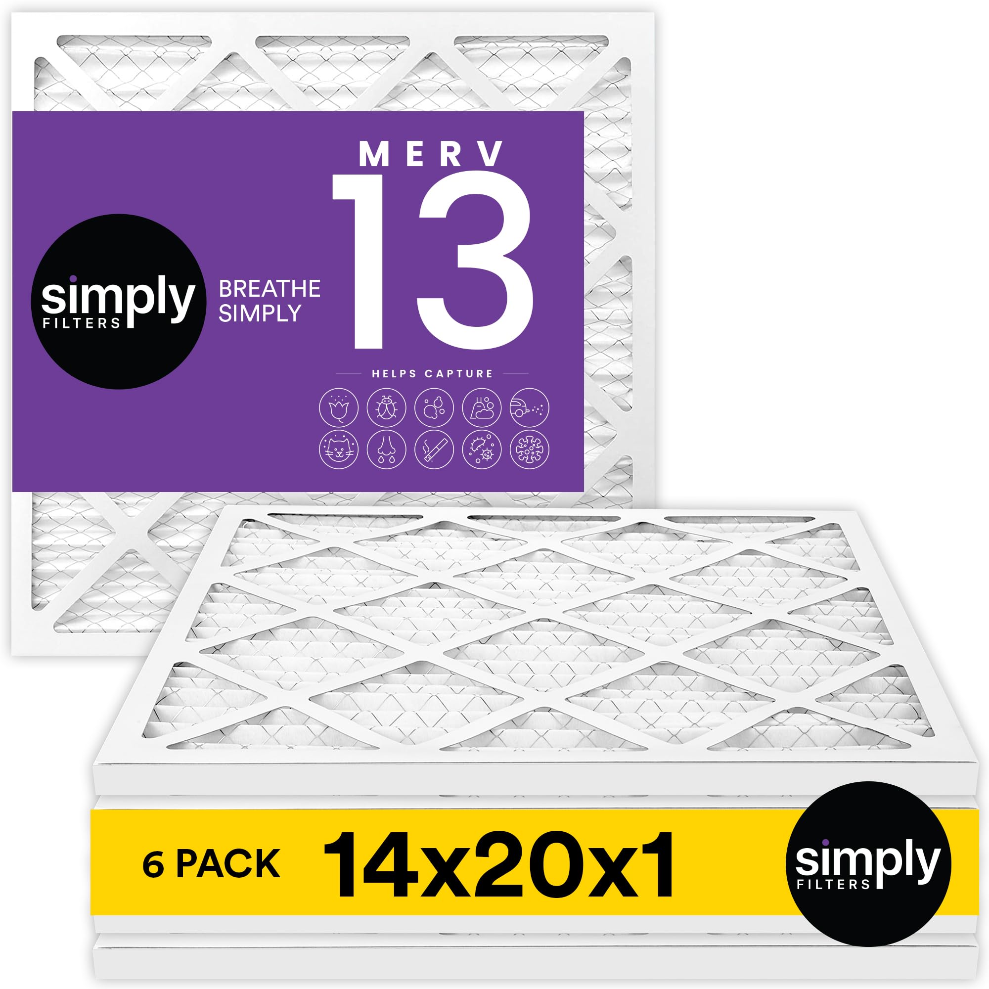 Simply 14x20x1 Air Filter, Merv 13, 6 Pack, For Home AC Furnace & HVAC (Actual Size: 13.75"x19.75"x0.75") DUST, Pet, & Allergy Control
