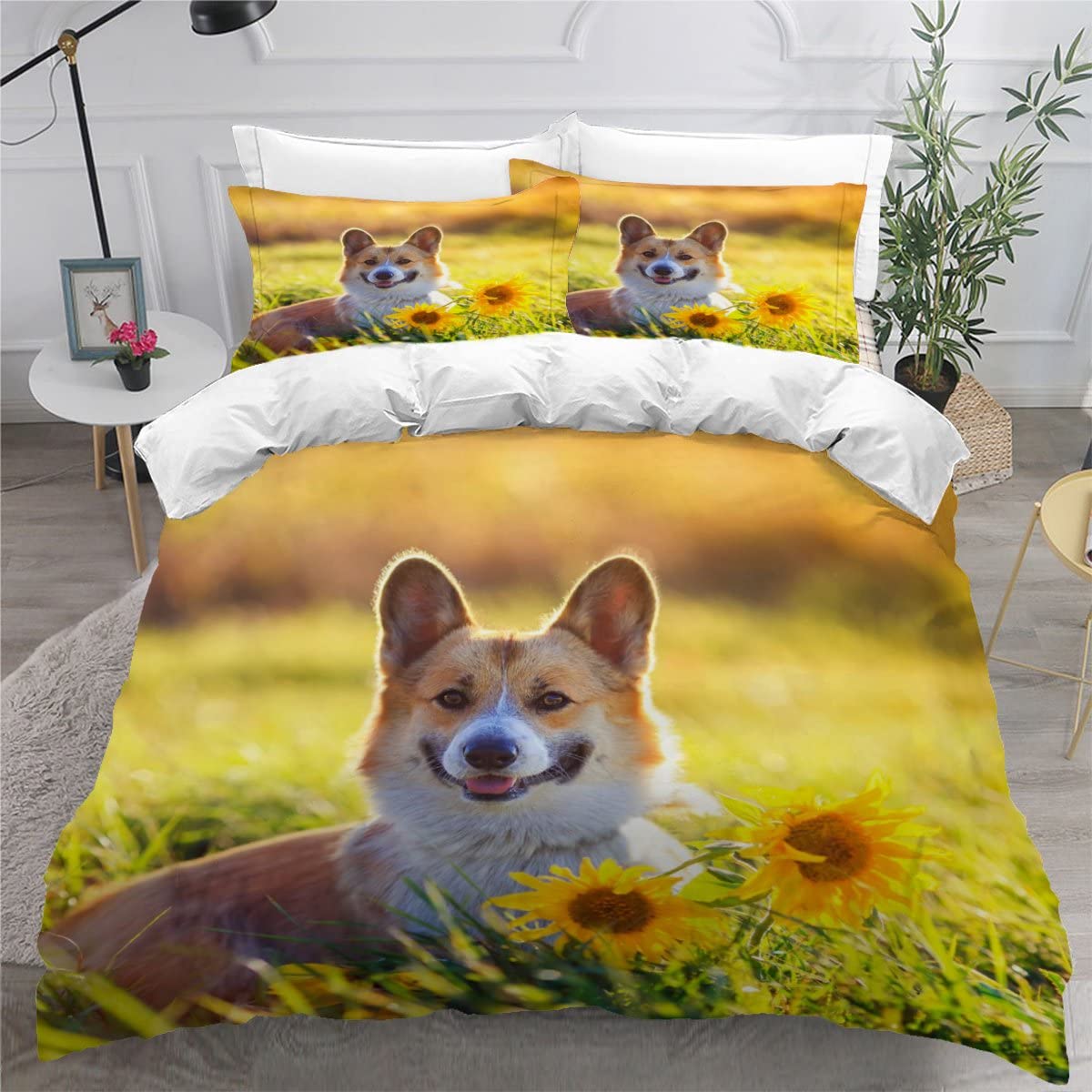 King Size Bedding Sets Corgi dog sunflower flower Double Bed Duvet Cover Set with Pillow Cases Hidden Zipper Adults Teenager 3Pcs Fluffy Duvet Cover King Size — image 1